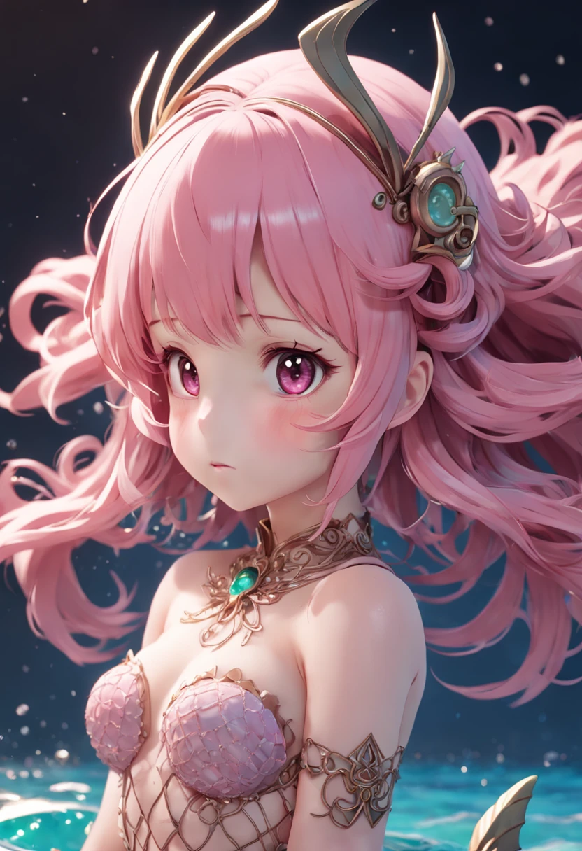 a 3D render,Pink hair, estrus, mermaid, exposed, intricate intricate details, 8k big breasts, loli filigree decorative headdress