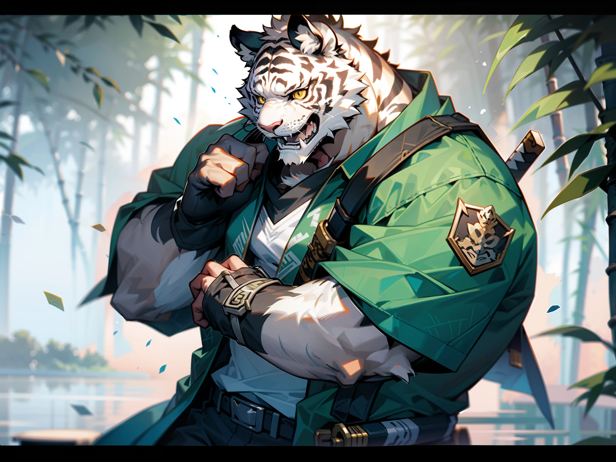 White Tiger Orcs,Wear casual clothing,Katana in hand,Through bamboo