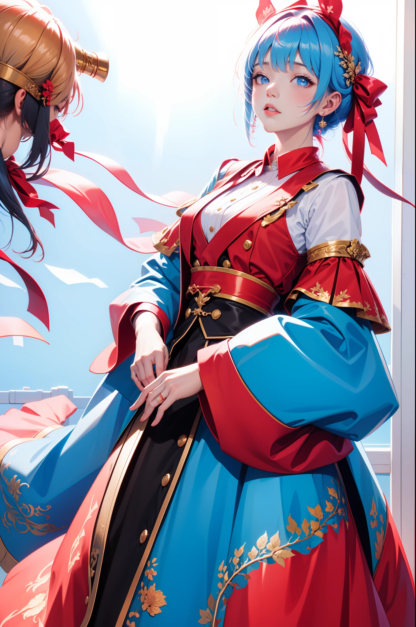 a young man and a woman，Worship and get married，Red ribbon。