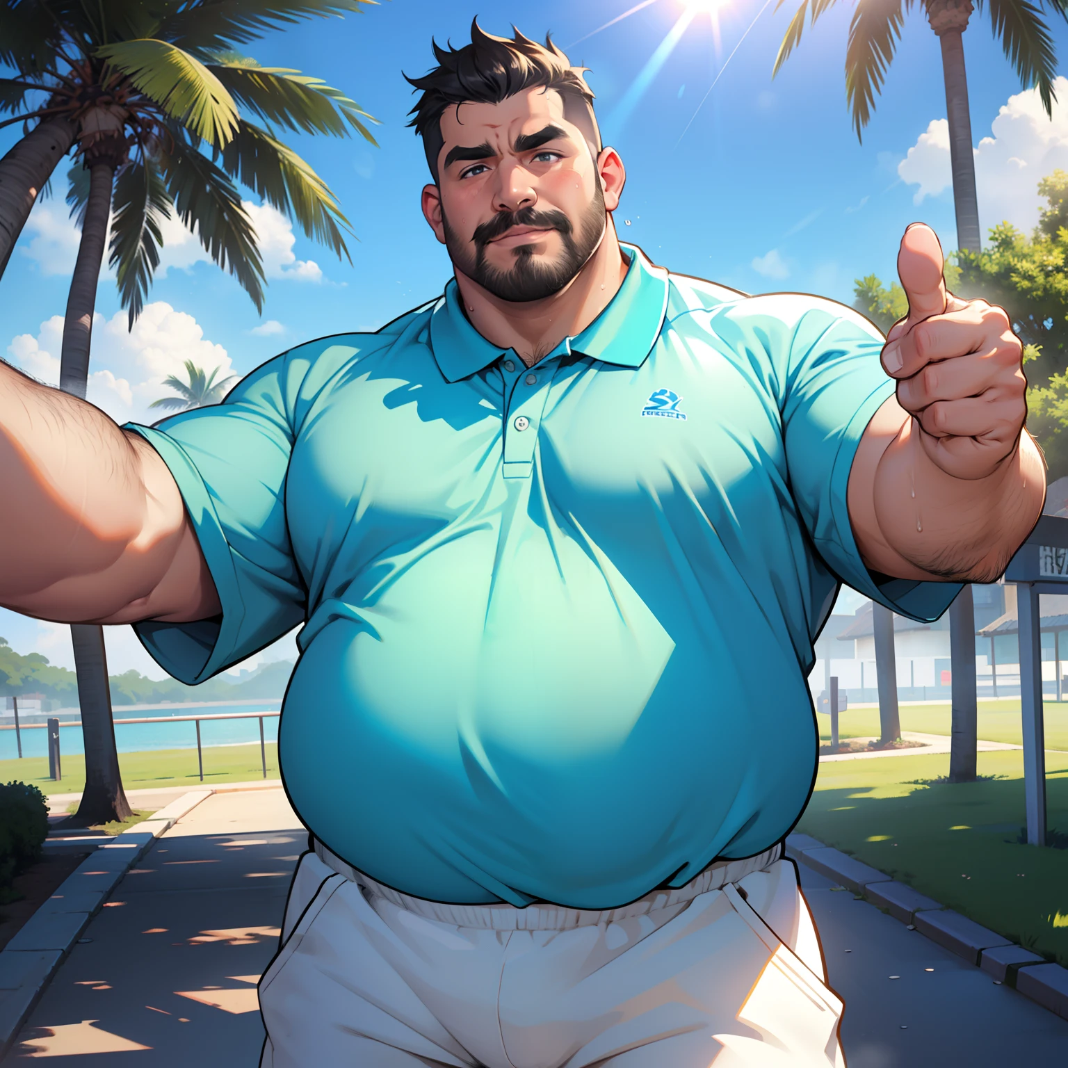 Fat big uncle taking selfies,Fat face,thick eyebrows,mustache,A dark-haired,confident look,Thumbs up,Body hair is thick,Big belly,Wearing a blue polo shirt、Wearing white shorts,Strong sunlight,Sweating,Steaming,dripping from the body,tourist destination,There are a lot of people,