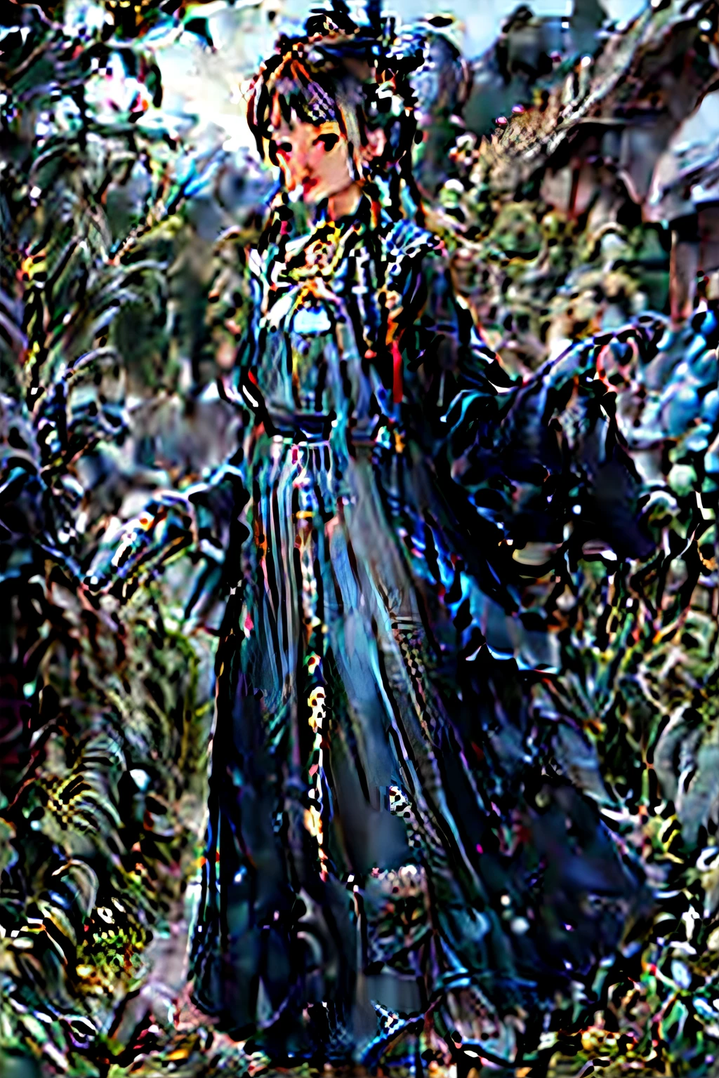 A young girl stands on the black ink-colored mountaintop stone road, behind the oppressive mountains taller than her, her hair is casual, two small balls, the hairstyle is drooping, and there are a few strands of white hair, among them, the dress is Tibetan navy blue, the long sleeve collar is red, the bottom is a horse face skirt, the blue background is a small gold pattern, behind her, a long embroidered spring knife, and there are ribbons dancing behind her, the sunset in the background, half of the light falls on her face, the left hand naturally droops, and the right hand caresses the hair