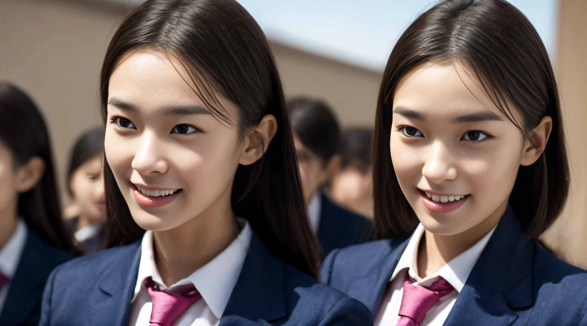 Black short-wave hair、White Skin Skin、chineseidol、年轻、Thick eyebrows、Black eyes、biting lip、smile in face、pink uniform、Gold tie、（1 female student）、In the school classroom、sit on chair、Slim eyebrows、Brown hairpins、hentail realism、8K、tmasterpiece、A high resolution、、anatomically correcte、、from above view、32K quality