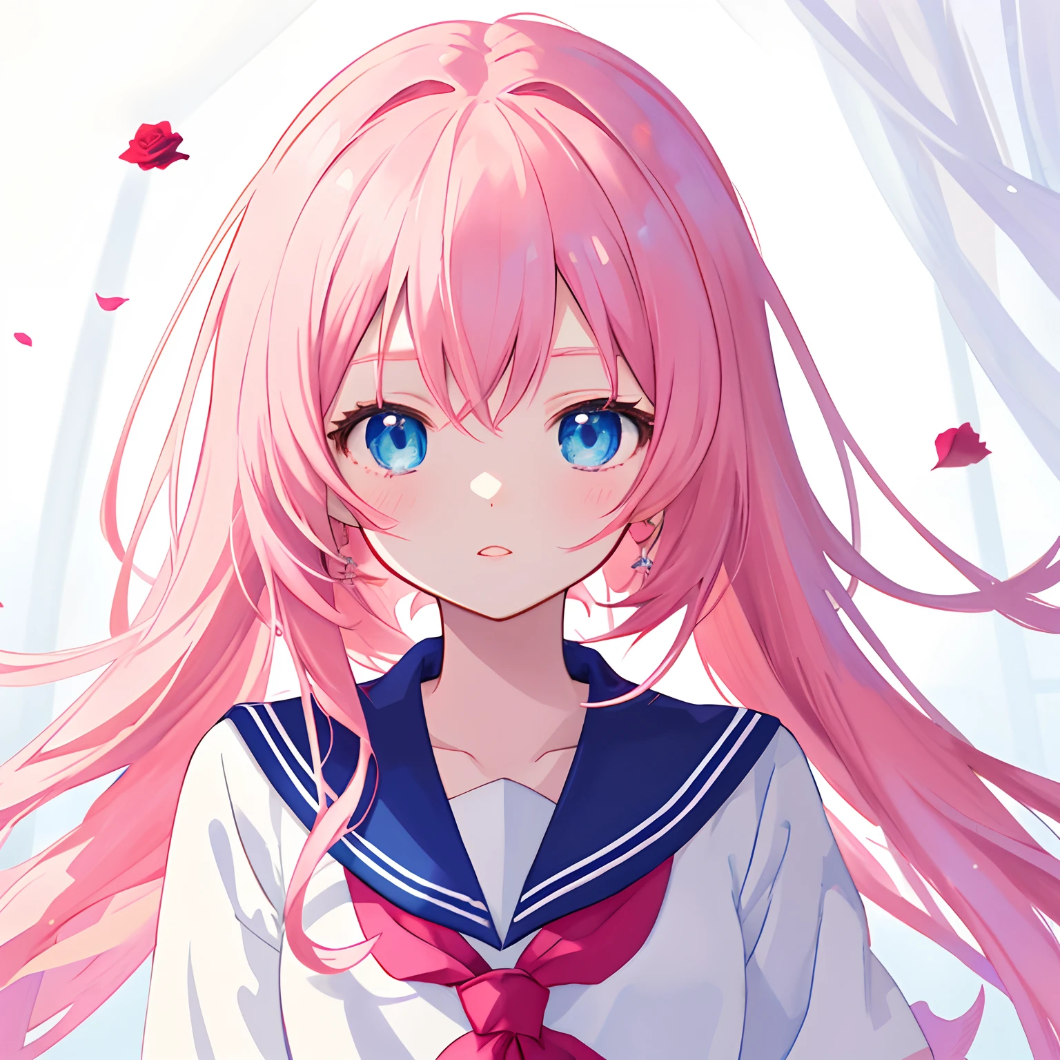 "Anime style, Cute girl with pink hair and blue eyes in sailor suit holding roses, 8K resolution, Delicate digital anime art, anime moe art style, Clean detailed anime illustrations, Beautiful anime portraits, Digital Artwork, Cute anime visuals, detailed anime art, pixiv artwork, Couple Avatars, anime style illustration," 🍁 "