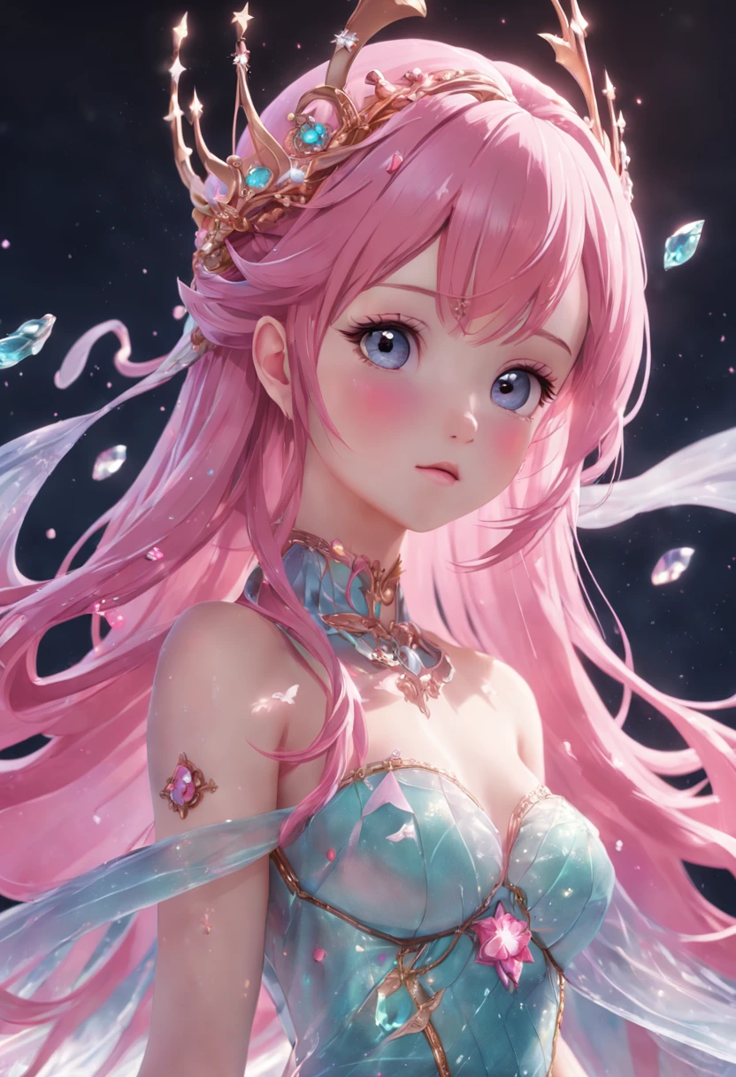 a 3D render,Pink hair, estrus, mermaid, exposed, dreamy, intricate details, 8k firee embellished tiara,Popular on the art station Imperial Sister