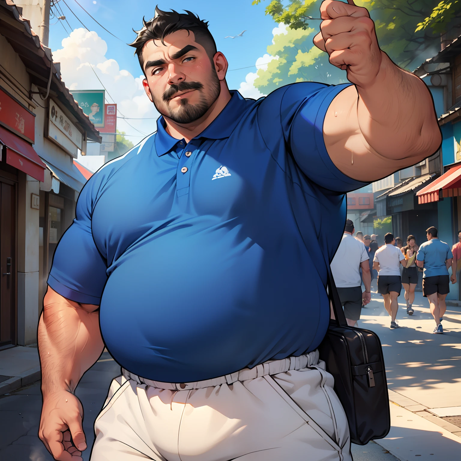 Fat big uncle taking selfies,Fat face,thick eyebrows,mustache,A dark-haired,confident look,Thumbs up,Body hair is thick,Big belly,Wearing a blue polo shirt、Wearing white shorts,Strong sunlight,Sweating,Steaming,dripping from the body,tourist destination,There are a lot of people,