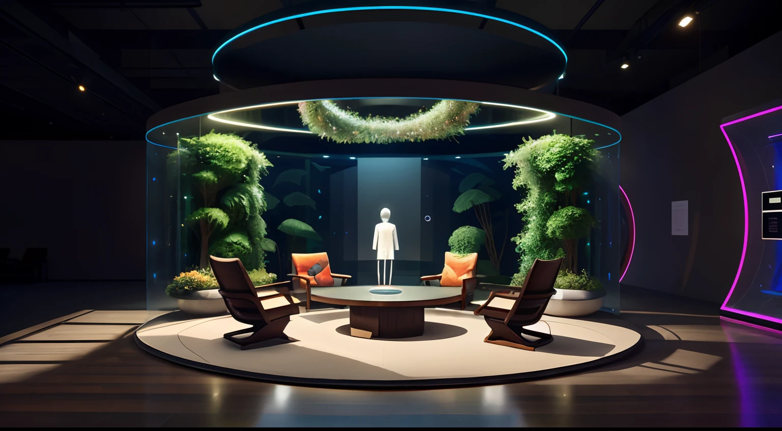Enclosed indoor space, Bai,Lawn and flowers,, High-end pension industry exhibition hall, High-tech exhibition hall of health care industry, Nature meets technology, The indoor forest integrates a variety of high-tech display equipment and interactive platforms, There are many LED displays between green plants and flowers, Holographic devices and digital humans, An old Chinese strolling through it, nature harmony,big breasts beautiful, Harmonious immersive exhibition experience center, There is a transparent cylinder in the middle of the space, Hologram transparent data and high-tech UI interface,The space has 2 anthropomorphic service robots, and various data and UI interfaces,There are some lounge seats with artistic designs,There is an interactive interactive console,