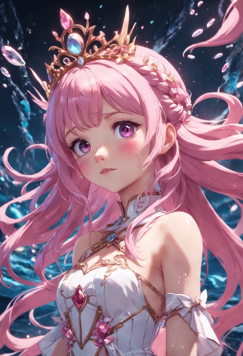a 3D render,Pink hair, estrus, mermaid, exposed, intricate intricate details, 8k big breasts, loli filigree decorative headdress