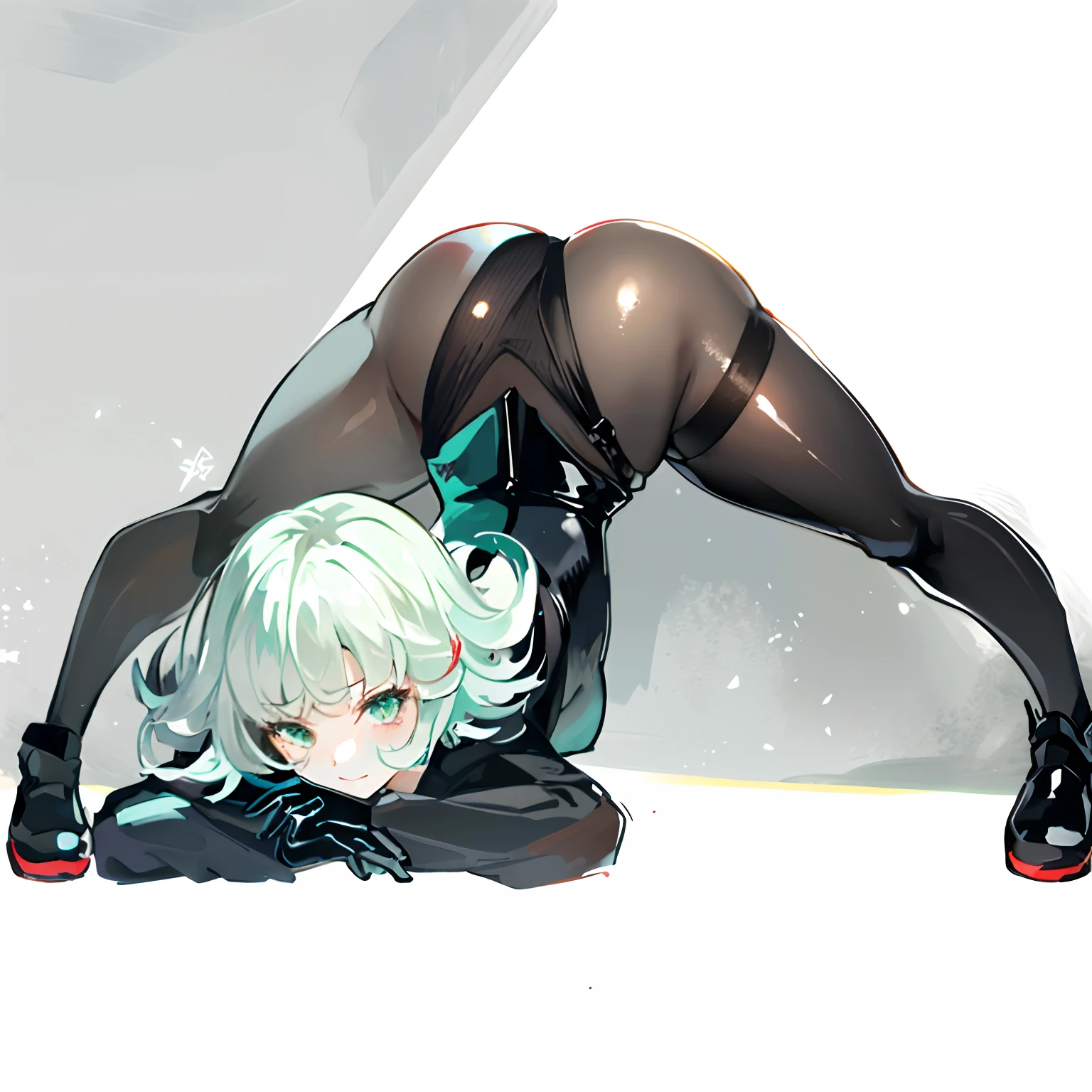 ((black latex bodysuit)), unparalleled masterpiece, perfect artwork, ((perfect female figure)), mature female, narrow waist, looking at viewer, seductive posture, clean, beautiful face, pure face, shiny skin, delicate pattern, 1girl, armor, underarm gloves, green_eyes, grey_hair, looking_at_viewer, small_breasts, shaved_, red_ascot, red_rose, short_hair, shoulder_armor, smile, solo, ((black legwear, black pantyhose, thighband pantyhose))