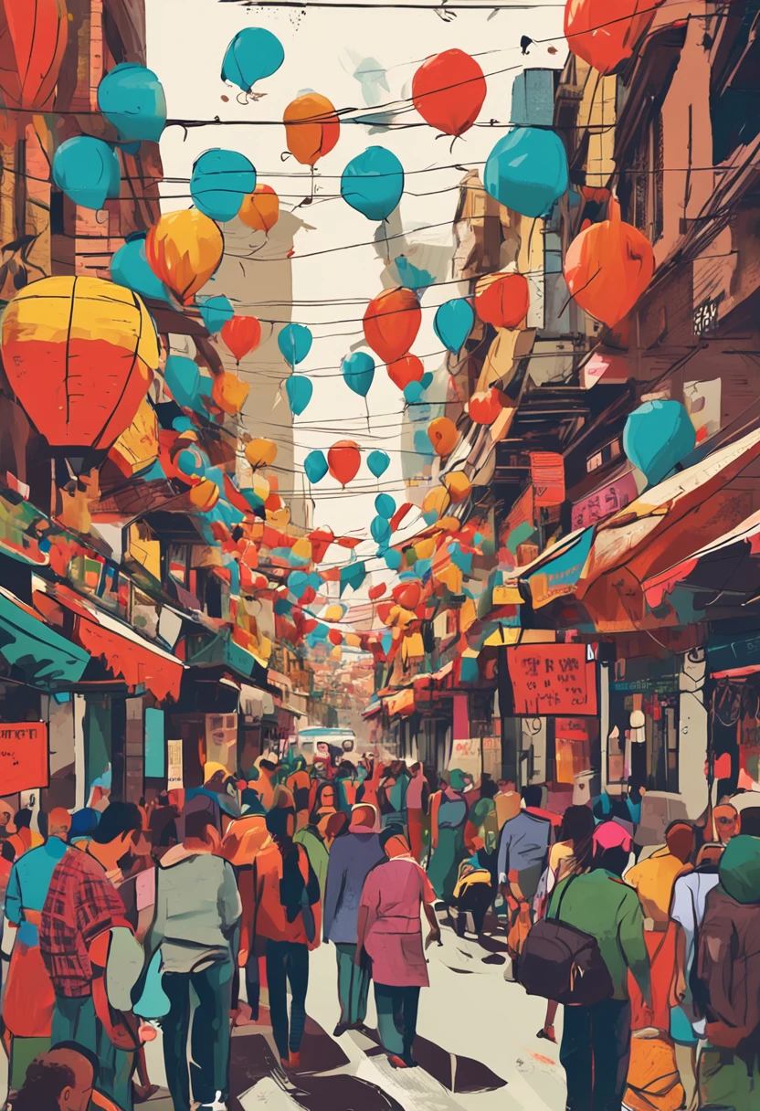 There are many people standing around the market with balloons, the vibrant echoes of the market, street vendors, busy market, Market, street market, ((Supersaturation)), Cheerful ambiance, digital collage, sunday afternoon, market setting, overlaid with chinese adverts, wet market street, fresh food market people, Album art, expressive digital painting