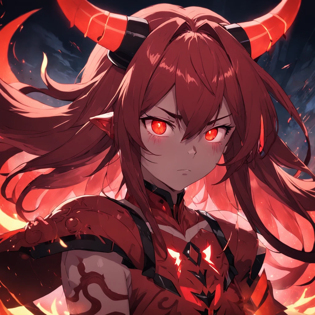 masterpiece, best quality, 1 male, red Oni, red skin, long brown hair, two horns coming from his forehead, and glowing red eyes