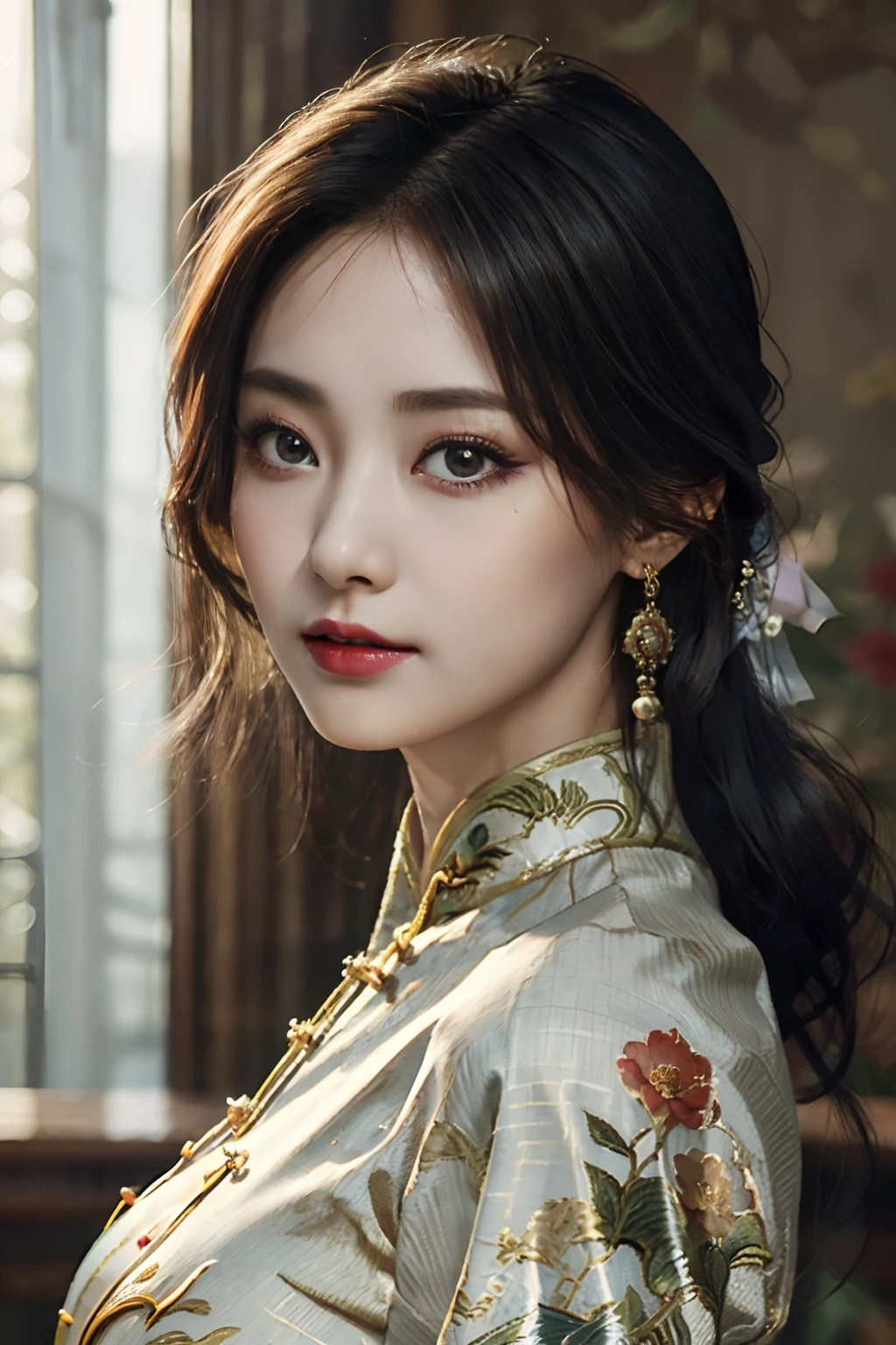 a  Chinese woman wearing a cheongsam,
(((masterpiece))), ((best quality)), ((intricate detailed)), ((Hyperrealistic)), absurd res, milf, mature woman, perspective, highly detailed, illustration, 1girl, ((large breasts)), perfect hands, detailed fingers, beautiful detailed eyes, updo hair, brown eyes, ( sexy chinese dress:1.2), earrings, detailed background, perfect eyes, seductive eyes, looking at the viewer, from front