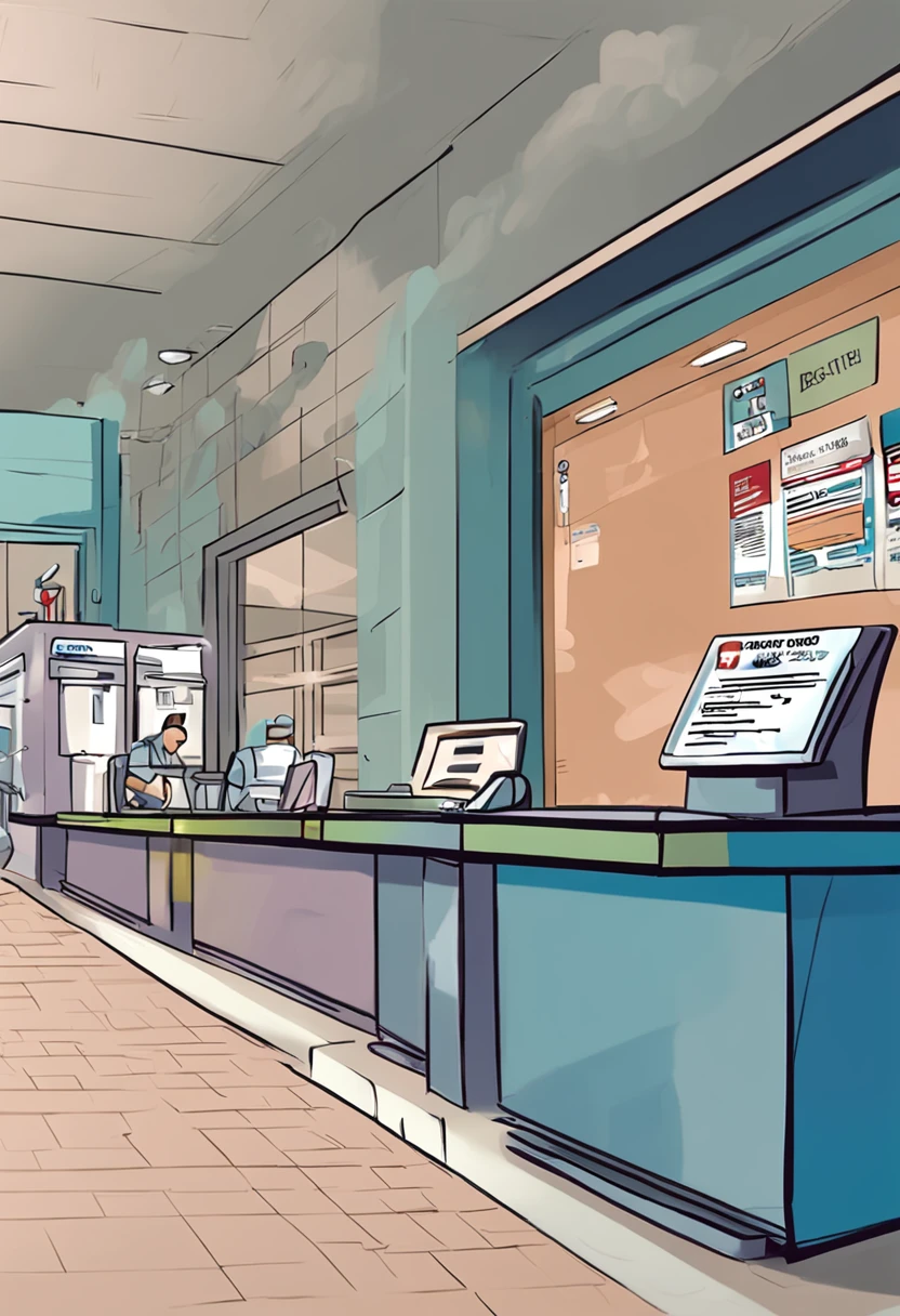 Hospital registration desk,Sticking a sign,The sign reads "Online Registration",There is a QR code on the card