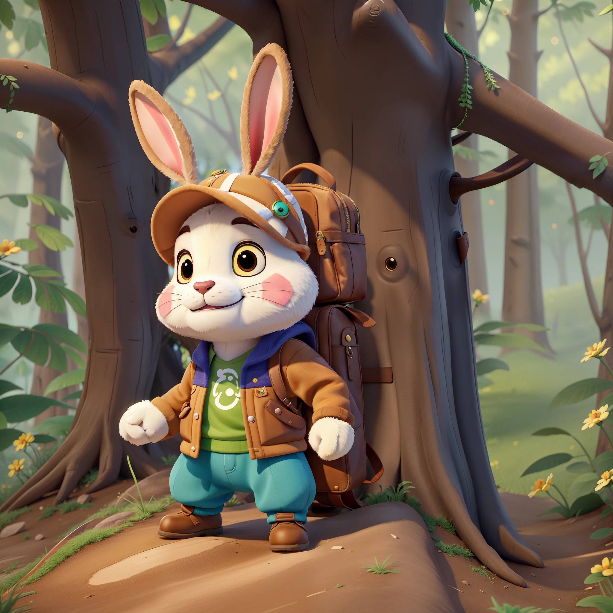 There is a cartoon rabbit with a backpack standing in the forest, com um tesouro rabbt_character, painting digital adorable, arte digital detalhada bonito, arte infantil em artstation, cute anthropomorphic rabbit, wojtek fus, criatura da floresta bonito, um retrato de Judy Hopps, arte digital bonito, render 3D bonito, anthropomorphic bunny, vencedor do concurso de design de personagem