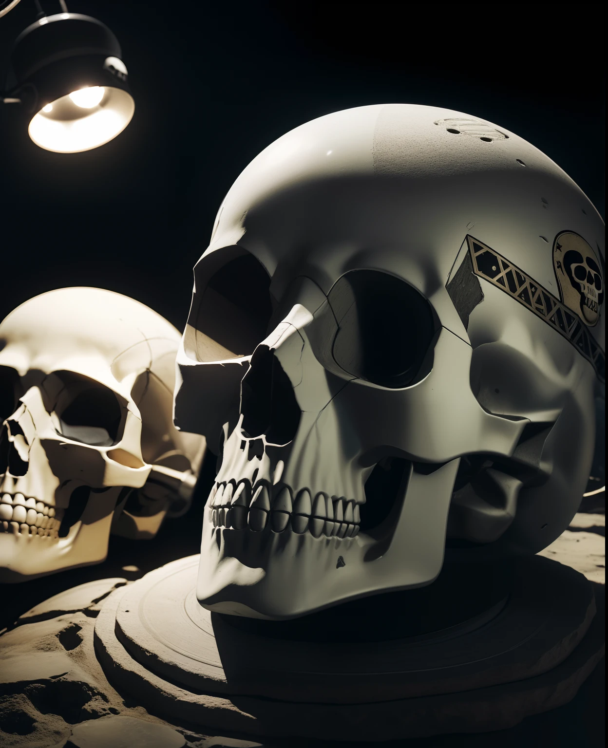 absurdos, detalhes intrincados, master part, best quality, high resolution, 8k, (esqueleto no traje espacial do astronauta:1.2), (skull:1.3), (Capacete quebrado:1.4), (colored lamps:1.3), traje espacial, lunar surface, Crateras, black sky, Estrelas, filmed on Canon 1DX camera, 50 mm f/2.8 lentes, .RAW, Directed by: Paul Zizka