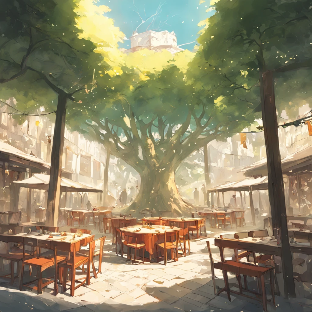 A small three-story courtyard surrounded by a square circle，There's a big tree in the middle，Under the tree are round tables and benches，The walls are covered with vines，Alguns raios de sol matinais se derramaram