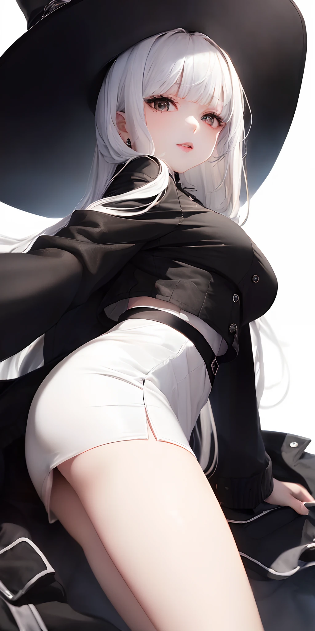 [monochromes:Subdued Color:0.6] theme, (masutepiece), (Best Quality), , Light Layer, Lustrous skin, (intricate-detail , taut clothes, ),  White hair, Long hair, hime-cut, Blunt bangs, side locks, Red Eyes, ,, (maturefemale:1.1),    (Simple background:1.1),(((((White blouses、tight skirts、Black Riders Jacket)))))、frontage、low angles、Front Angle、symmetry、large boob、Thick lip、Lustrous lips、
