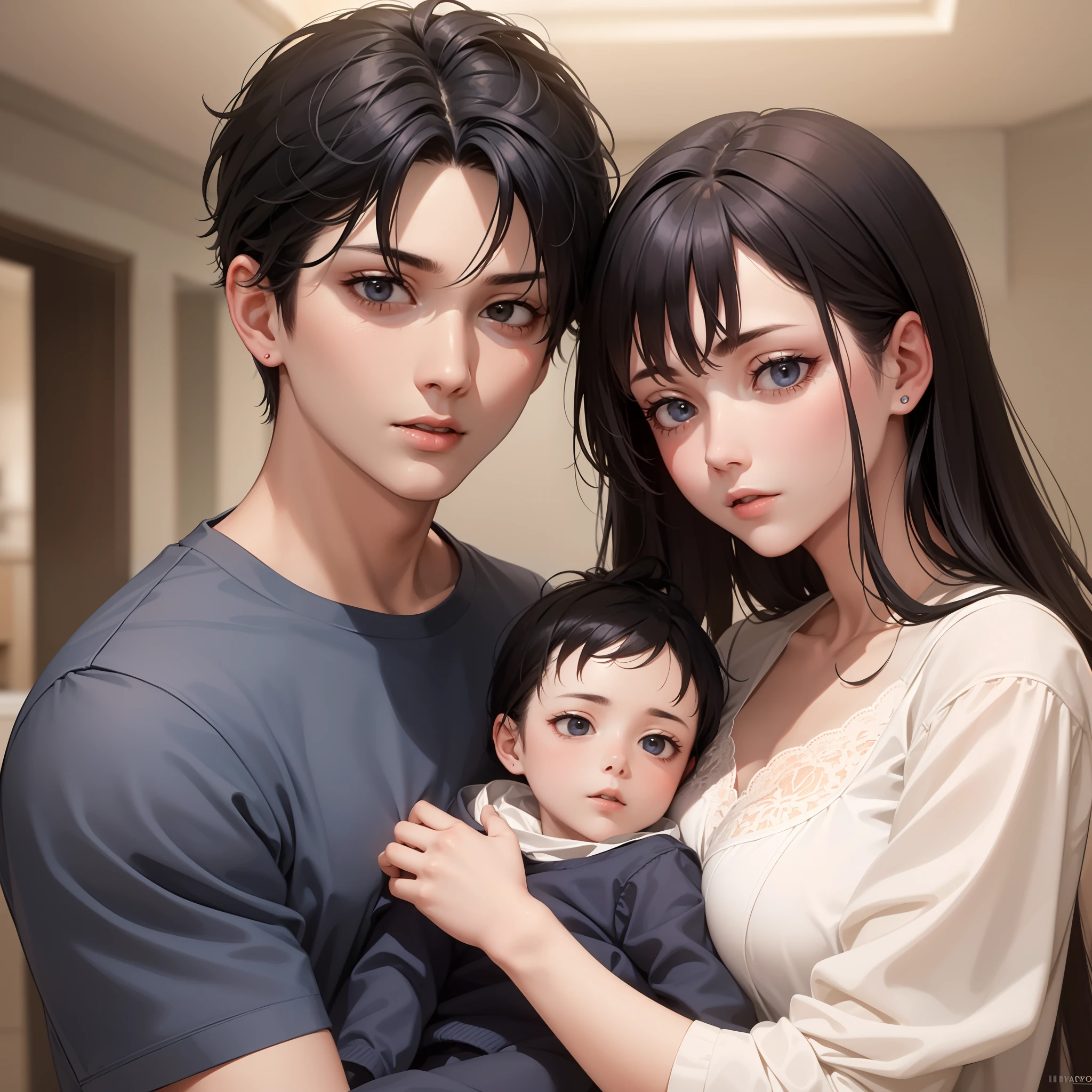 3 people (man,woman and children) Attractive profile picture, masterpiece, ultra-precise rendering, beautiful and cool young woman, trustworthy, dependable young woman, savior of the world, simple design, most beautiful image, 4K, blue black hair, beautiful woman, handsome man