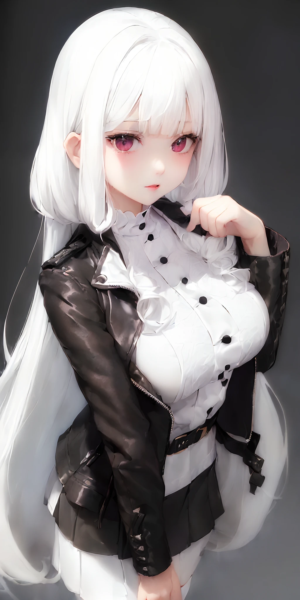 [monochromes:Subdued Color:0.6] theme, (masutepiece), (Best Quality), , Light Layer, Lustrous skin, (intricate-detail , taut clothes, ),  White hair, Long hair, hime-cut, Blunt bangs, side locks, Curly hair、Red Eyes, ,, (maturefemale:1.1),    (Simple background:1.1),(((((White blouses、tight skirts、Black Riders Jacket)))))、frontage、low angles、Front Angle、symmetry、large boob、Thick lip、Lustrous lips、