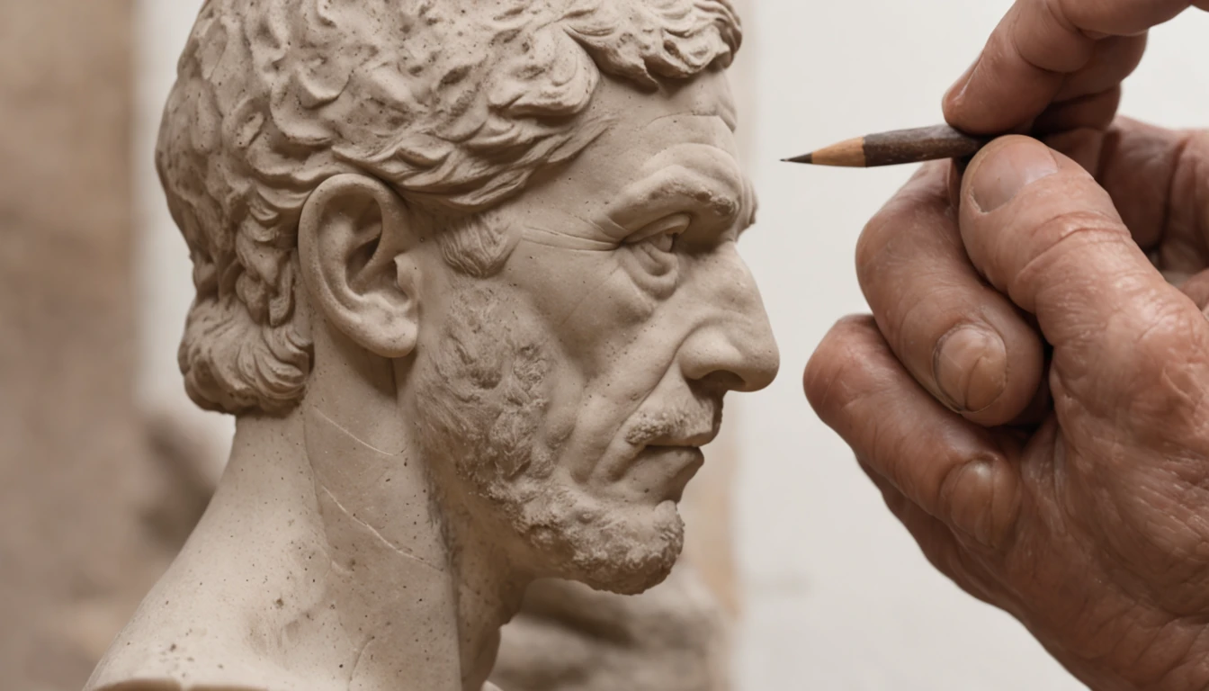 Michelangelo sculpting the face of a sculpture