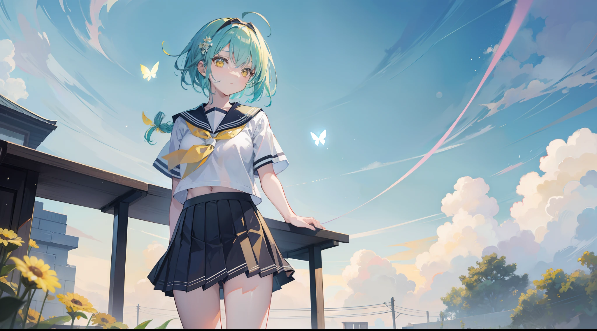 masterpiece, best quality,1girl,solo,nonaka yuki,aqua hair,short hair,ahoge,side braid, single braid,yellow eyes,hairband,school uniform,serafuku,black sailor collar,black pleated skirt,outdoors,school,bench,looking at viewer, sunlight, cloudy sky, flower, lens flare, butterfly,