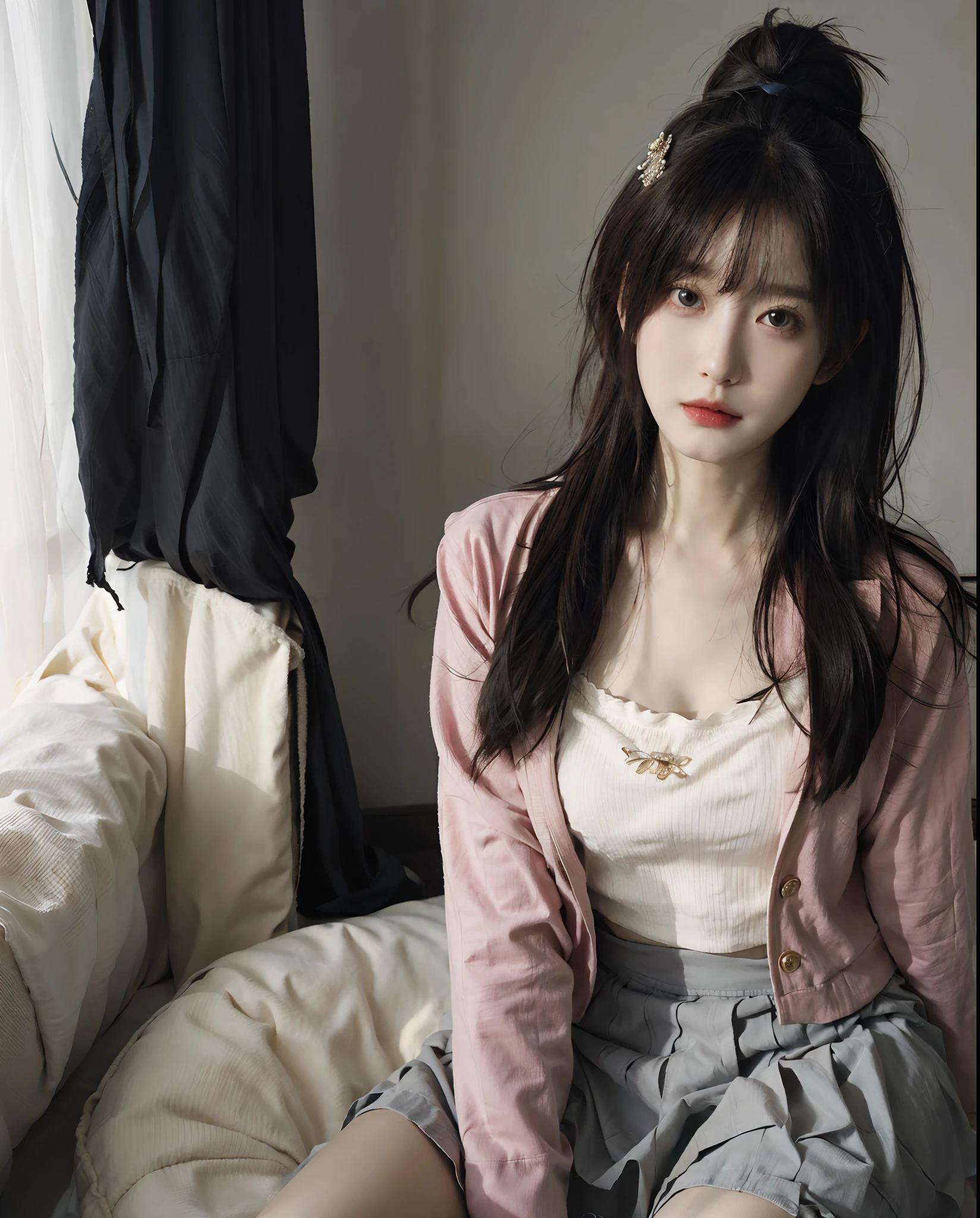 1girll,Sit on a comfortable sofa,Cross ed leg,Soft light
