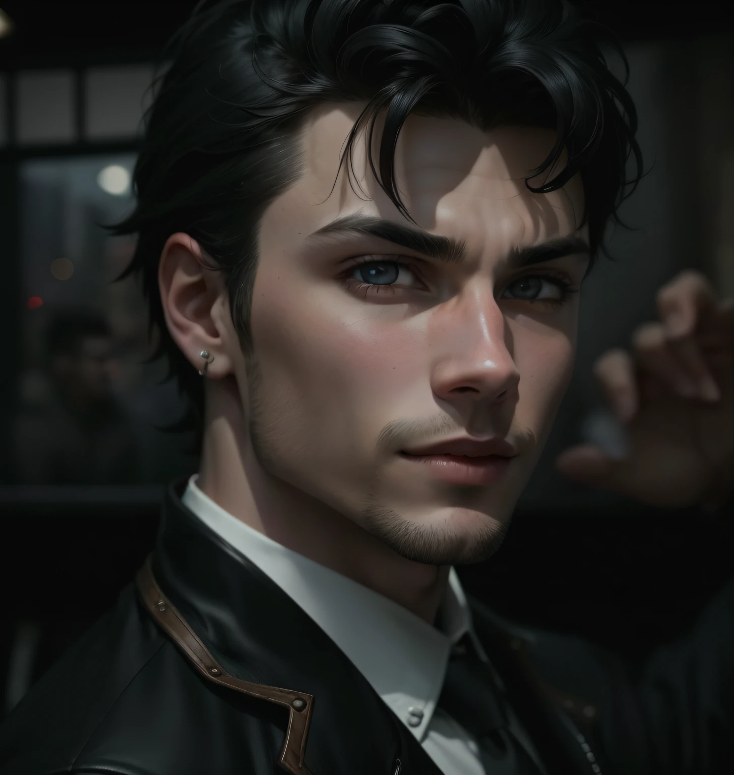 /imagine prompt: very realistic, adventurecore, handsome boy around 21 years old, white skin, very attractive, dark hair, bad boy style, expressive eyes, sly smile, rockstar style, wearing a black jacket, night out in the city, autumn, magic realism, Eburneum, Highgrid