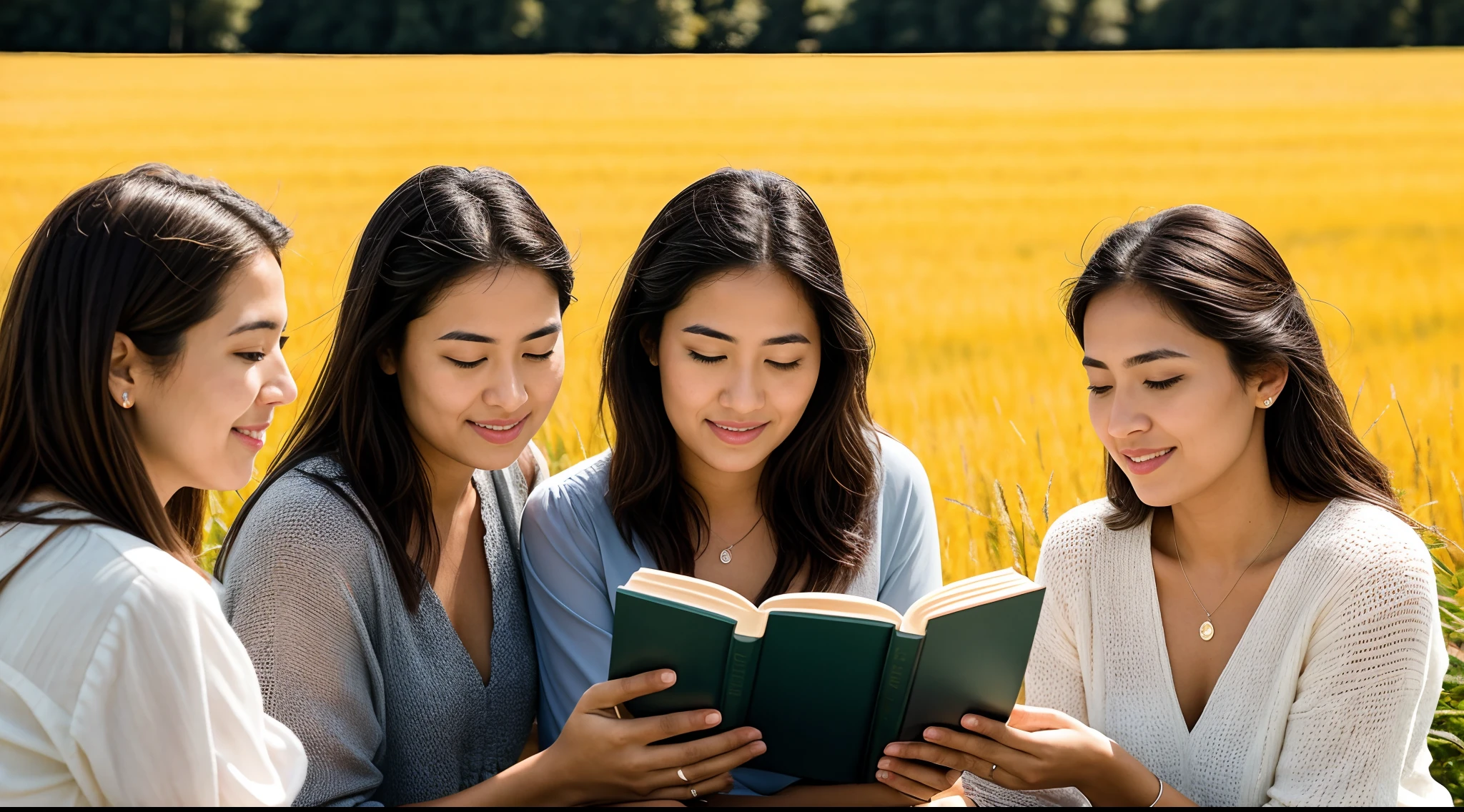 instagram photo, closeup face photo,  The synergy of women passionately discussing literature amidst a tranquil field setting, intellectual, engaging, Fujifilm X-T4 with 18-55mm f/2.8-4 lens, balanced sunlight, group portrait photography.