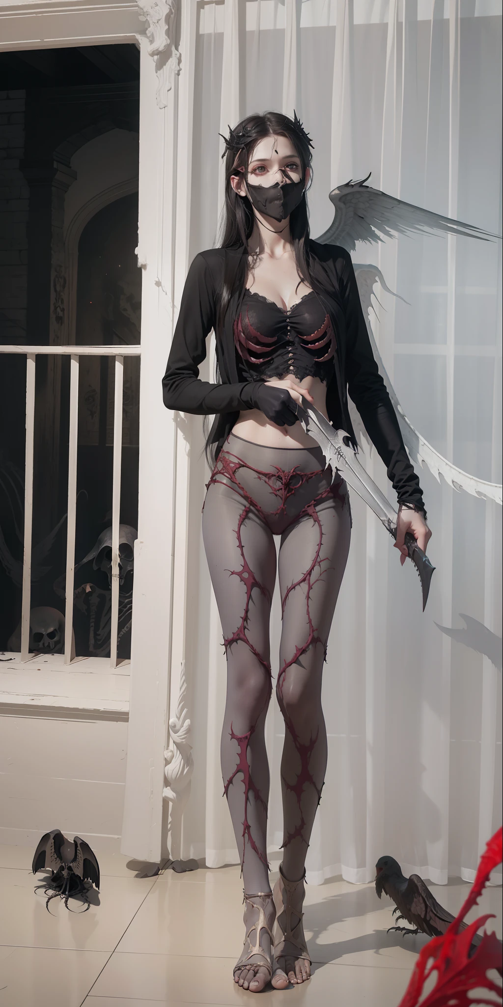 Fine matte painting, skeleton dark angel big wings haunted castle on drawing table full of knives, horror, spookiness, scary, secret horror, tentacles, vines, eyes, uncanny valley effect teeth, limbs, animals, blood moon,