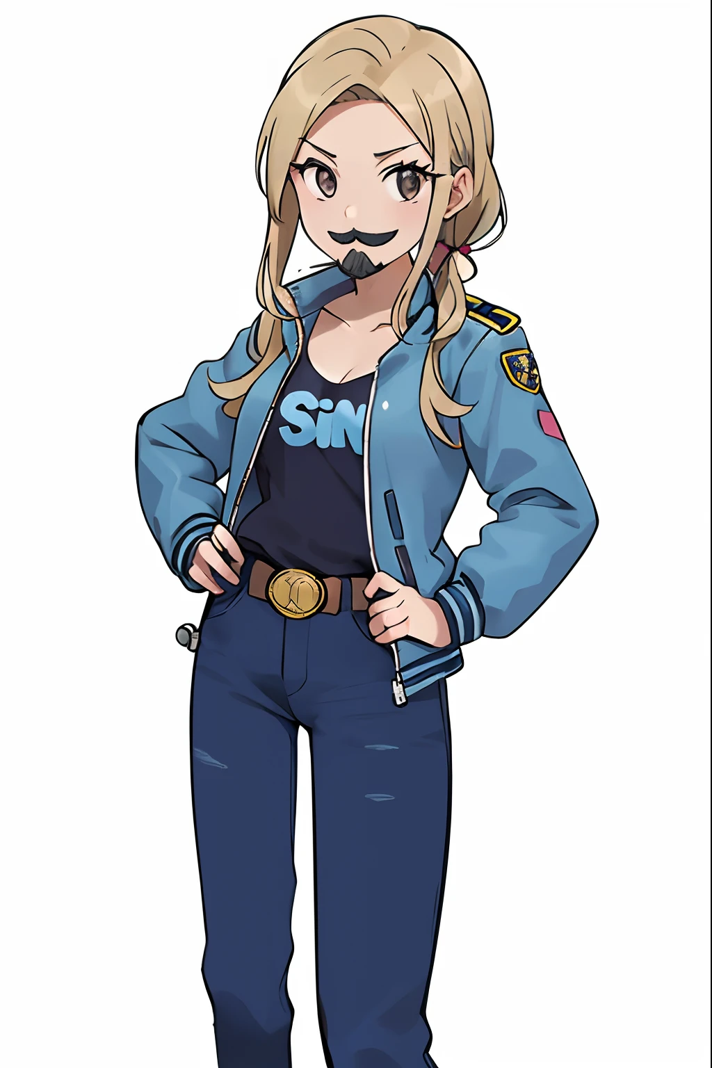 Un dibujo de caricatura de una mujer con bigote y con una chaqueta azul y jeans, ojos azules, Marin Kitagawa Fanart, protagonista femenina 👀 :8, Fujita Goro!, Arte oficial del personaje, Junko Enoshima, Ilustraciones de la sede, Arte Oficial, Anya de Spy X Family, protagonista femenina, oficial, portrait of a female anime hero, Estilo anime 2D, Chica de anime llamada Lucy, Chica piloto