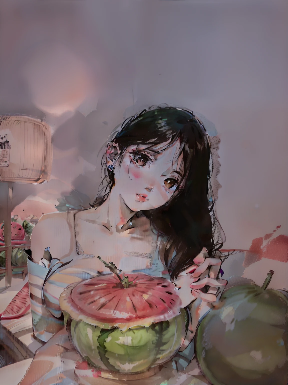 s girl,dual horsetail,Small sling,Small Fresh,eating watermelon,