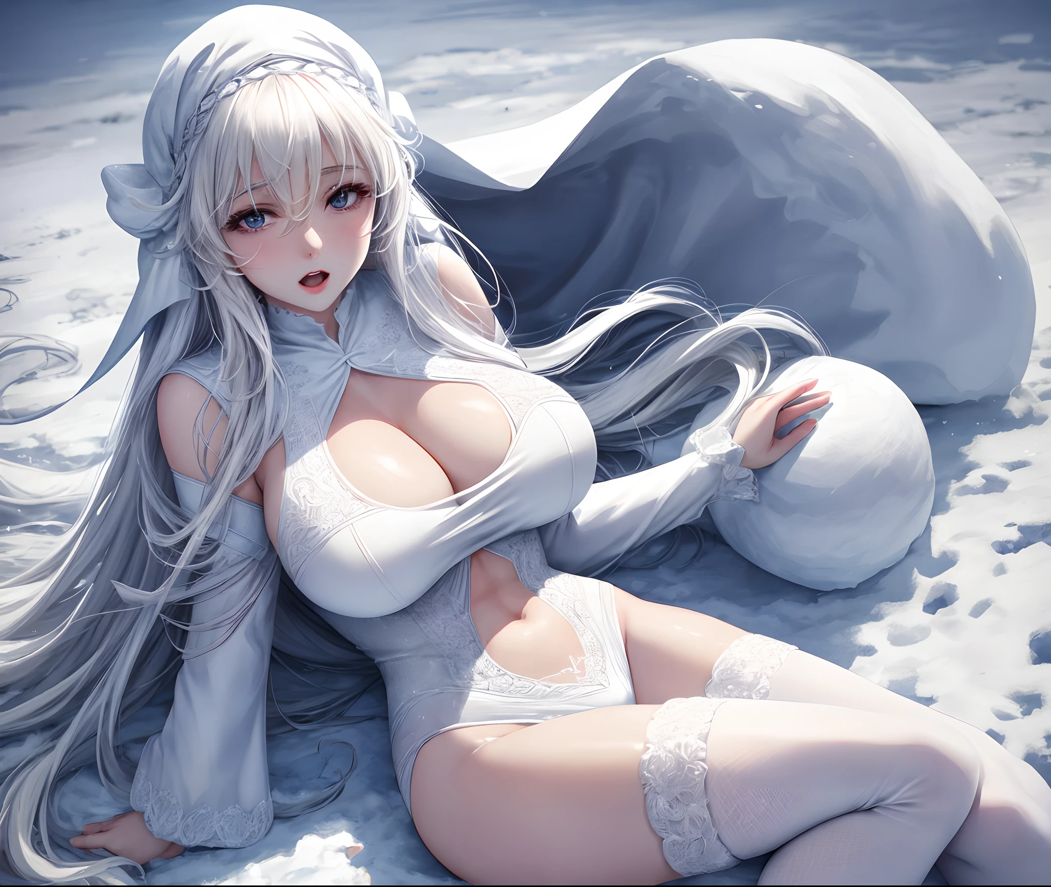 There is a woman with very large breasts posing in the snow, Shiny white skin, pale snow-white skin, blanketed in a mantle of snow, Snow on the body, pale milky white porcelain skin, Translucent white skin, Snowy, Smooth translucent white skin, Anime girl cosplay, dressed in a beautiful white, White shiny skin, cosplay, Covered with snow, detailed white, fluffy chest，open open mouth，Contains white liquid