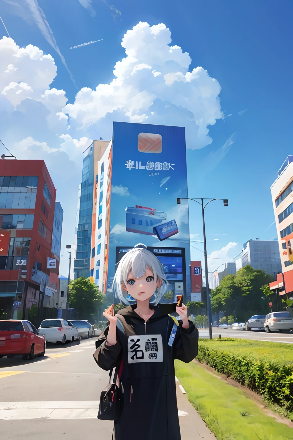 The billboard says the Alipay slogipay, which is used by 1.3 billion people,Background of rural areas,Little girl watching billboard,The characters have a code scanning action