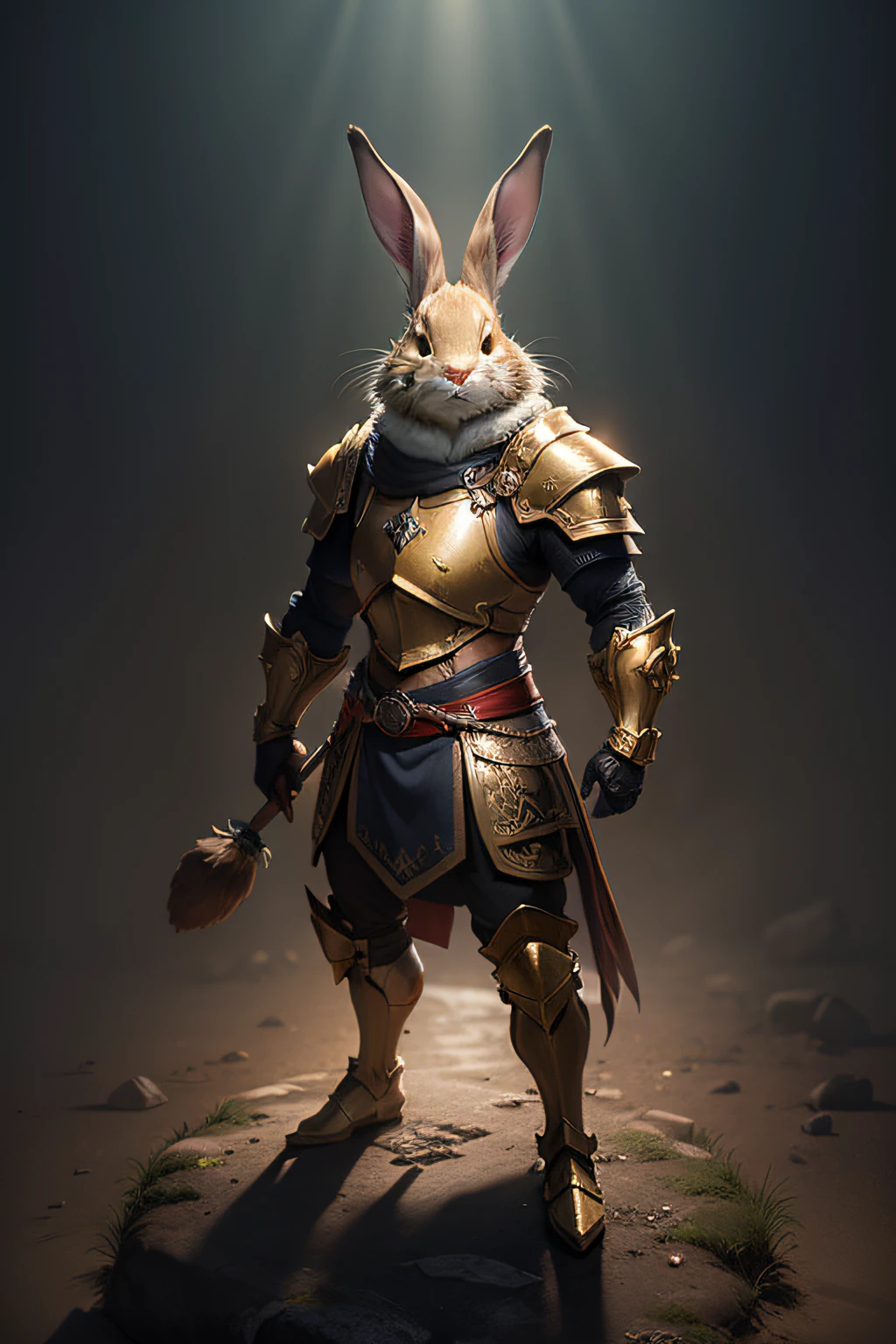 Mighty rabbit guide picture, standing on your feet, Hold the flashlight with one hand, Wearing gold and black armor, furry fantasy art, High detail, Cinematic lighting, god light, hyper HD, A high resolution