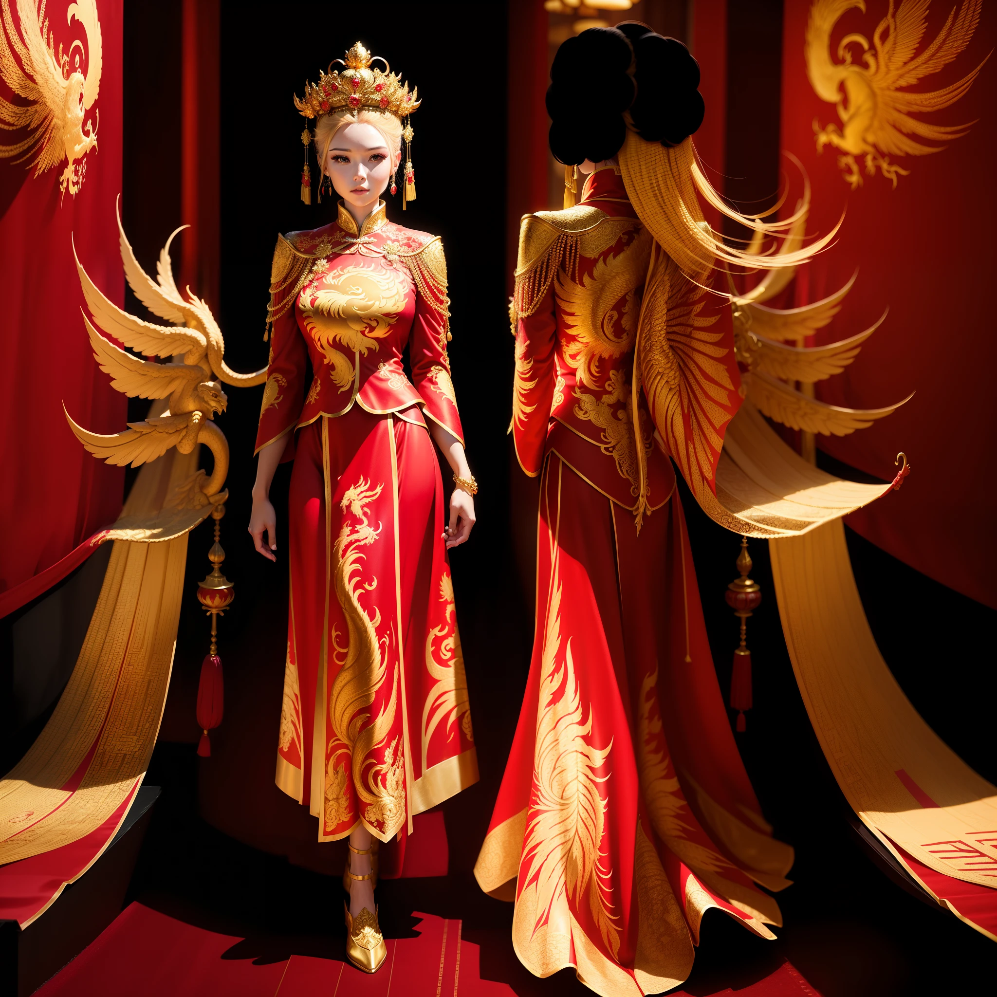 A woman wears a red and gold dress with a blonde tail and hem that radiates golden light,Wearing a phoenix crown,Stand on a long red carpet,Next to the carpet are large pillars carved with gold dragons,Woman in the lobby of an atmospheric Chinese building,with an antique feel