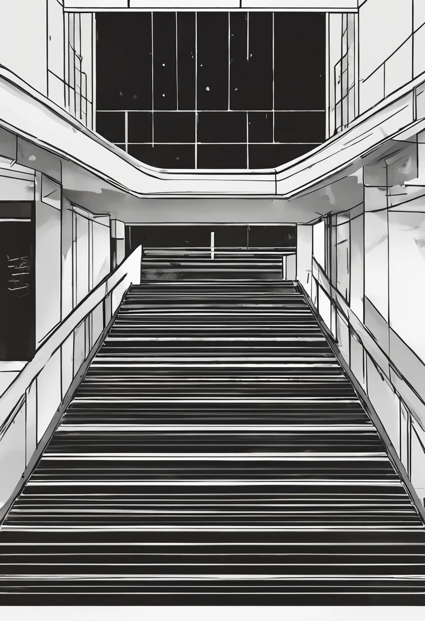 Graphic, Basement stairs,Level 4 minimalism, one line art, Continuous thin white line, Black background