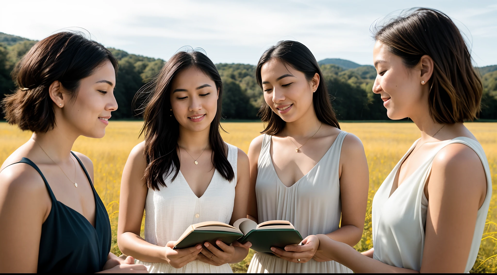 instagram photo, closeup face photo, The synergy of women passionately discussing literature amidst a tranquil field setting, intellectual, engaging, Fujifilm X-T4 with 18-55mm f/2.8-4 lens, balanced sunlight, group portrait photography.