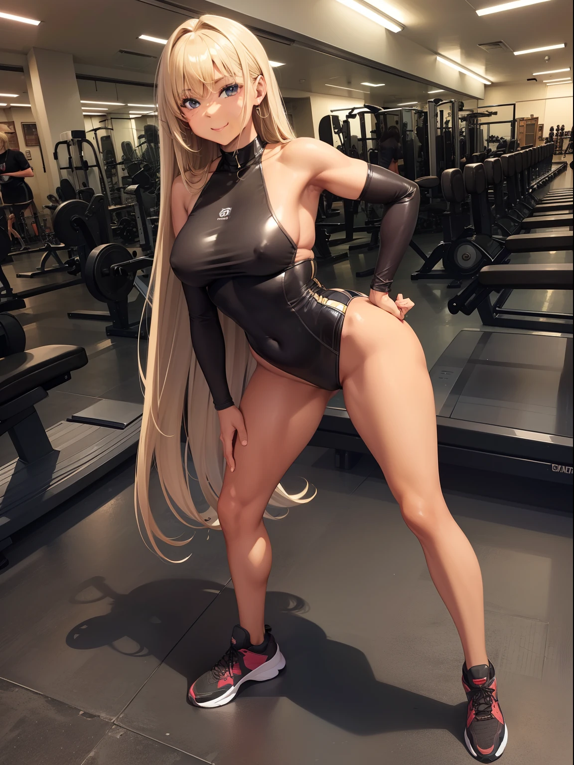 ​masterpiece、top-quality、skin tanned、dark brown skin、a blond、dyed blonde、Gym clothes style leotard、Nice Buddy、Nasty smile、Standing up、Full body like、Sex Worker、hi-school girl、Image of one woman、