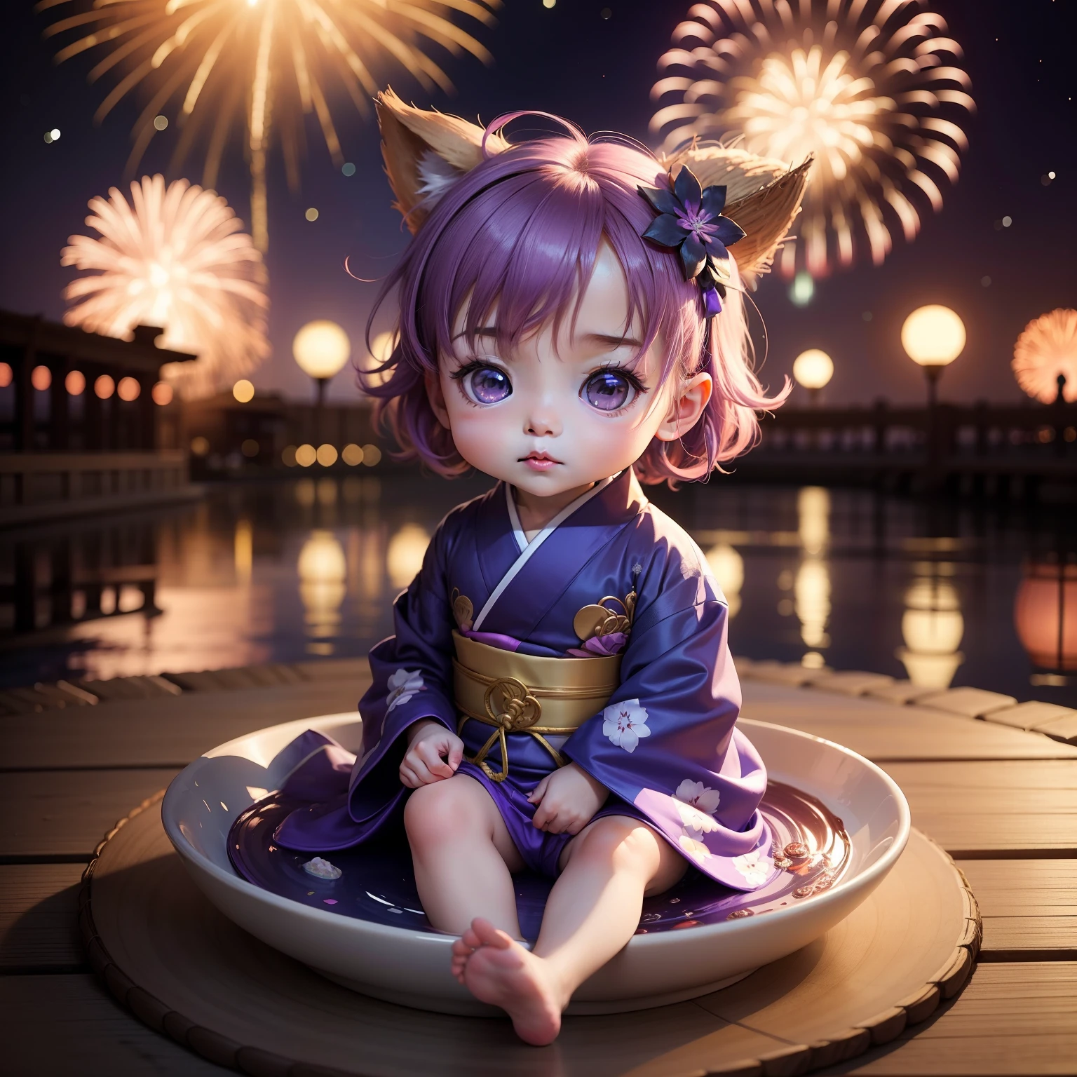 Cute Baby Chibi Anime,Purple and blue kimono,Sit in a bowl, Ras Al Khaimah New Year's Eve fireworks display