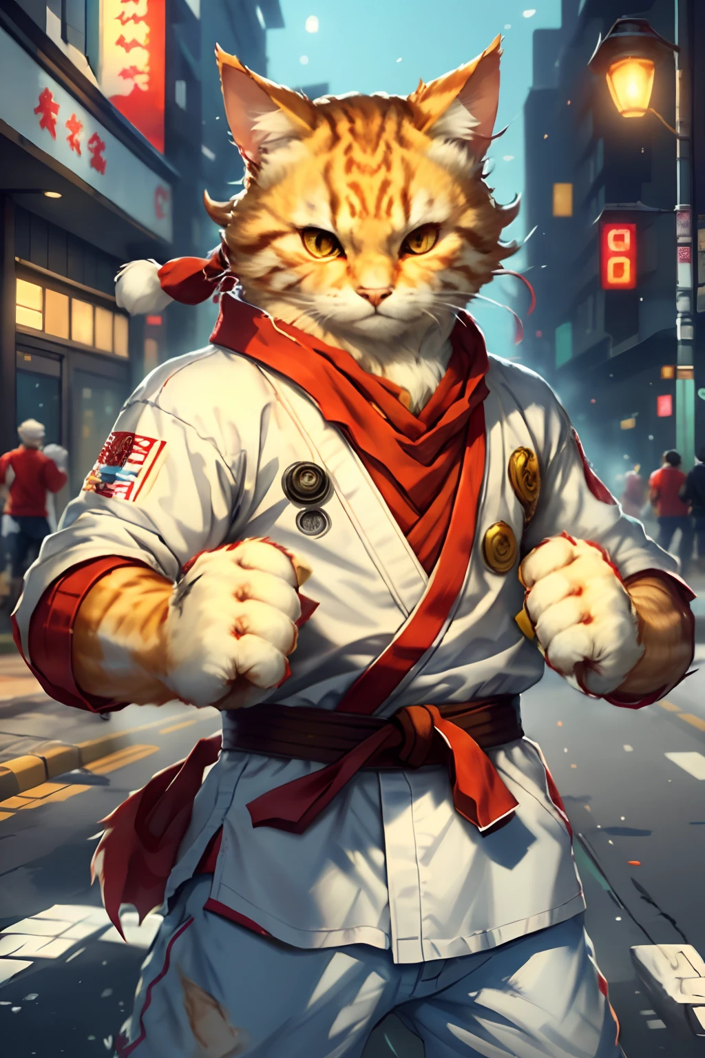 c4ttitude, wearing white karate outfit, red bandana, focusing energy, street fighter