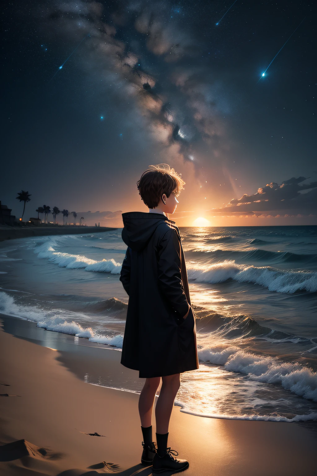 starrysky,the sea,sandbeach,The river flows into the sea,Short hair boy silhouette