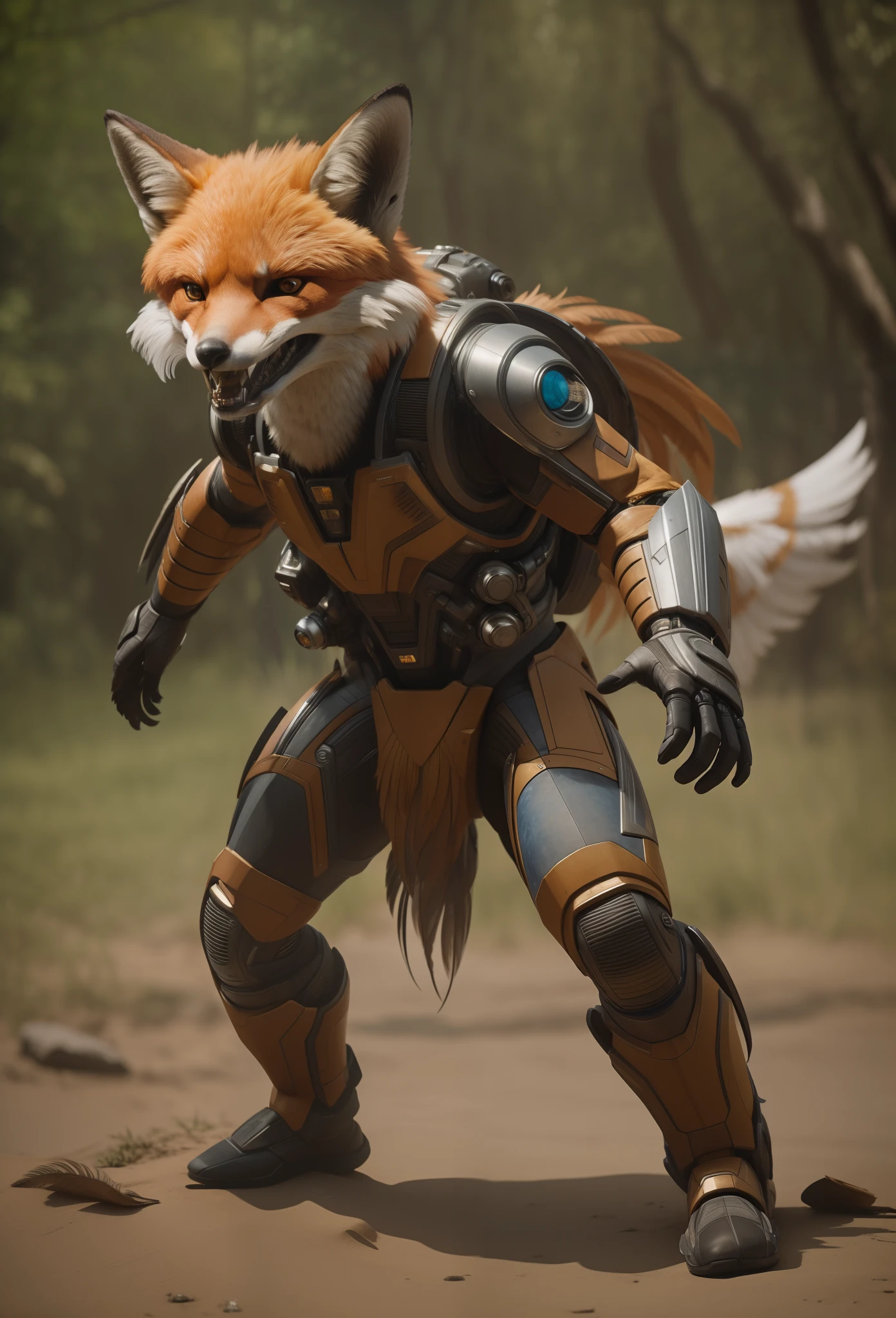 Sci fi humanoid creature with the feathers of a fox and mutant traits similar to rocket smile grin real photography, natural light, photorealism, cinematic rendering, ray tracing, the highest quality, the highest detail, Cinematic, Third-Person View, Blur Effect, Long Exposure, 8K, Ultra-HD, Natural Lighting, Moody Lighting, Cinematic Lighting