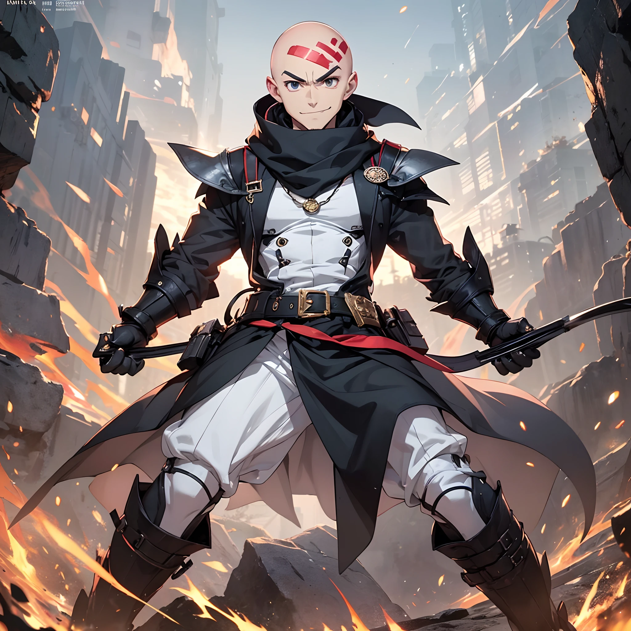 male character, gray eyes: 2:4, (((bald))), white face scars horizontally across forehead, heavy gray scarf, black trickster outfit, smirk, black boots, in a cave with scattered treasures, anime style , dynamic, full length, animation quality, anime icon, new jersey, looking at face camera, 8k, full length, best background, raw art, awesome titles, ultra HD, insane title, perfect hands --auto --s2