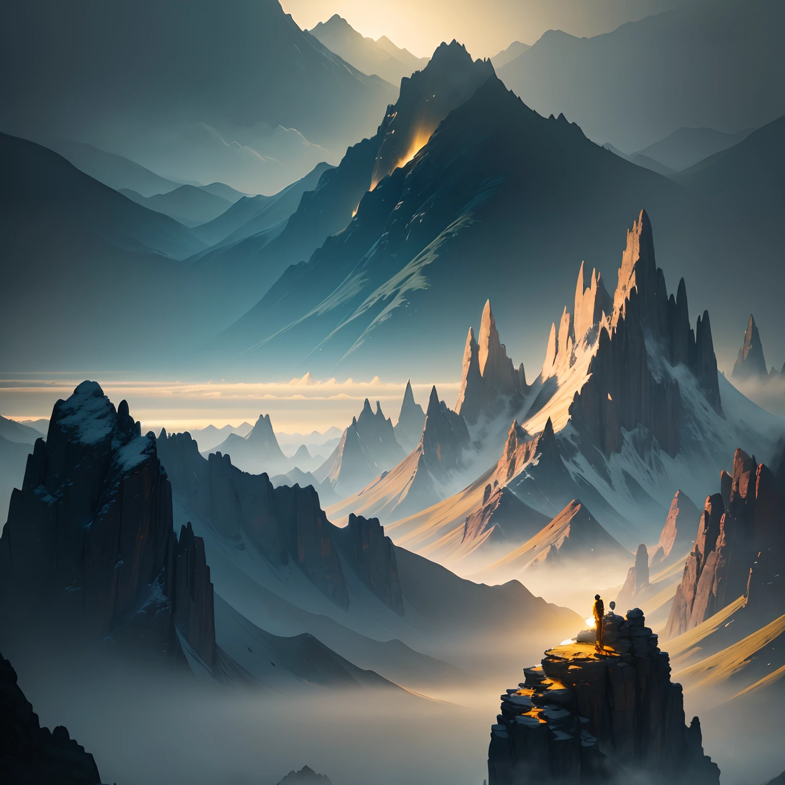 Distant view of giant mountains,drak,The body is winding,Where the torso is bent,Deep canyons。Hazy sky,dingdall effect,Yellow pillar of light,Scattered in several places on the body of the dragon,Highlight solemnity,Quiet