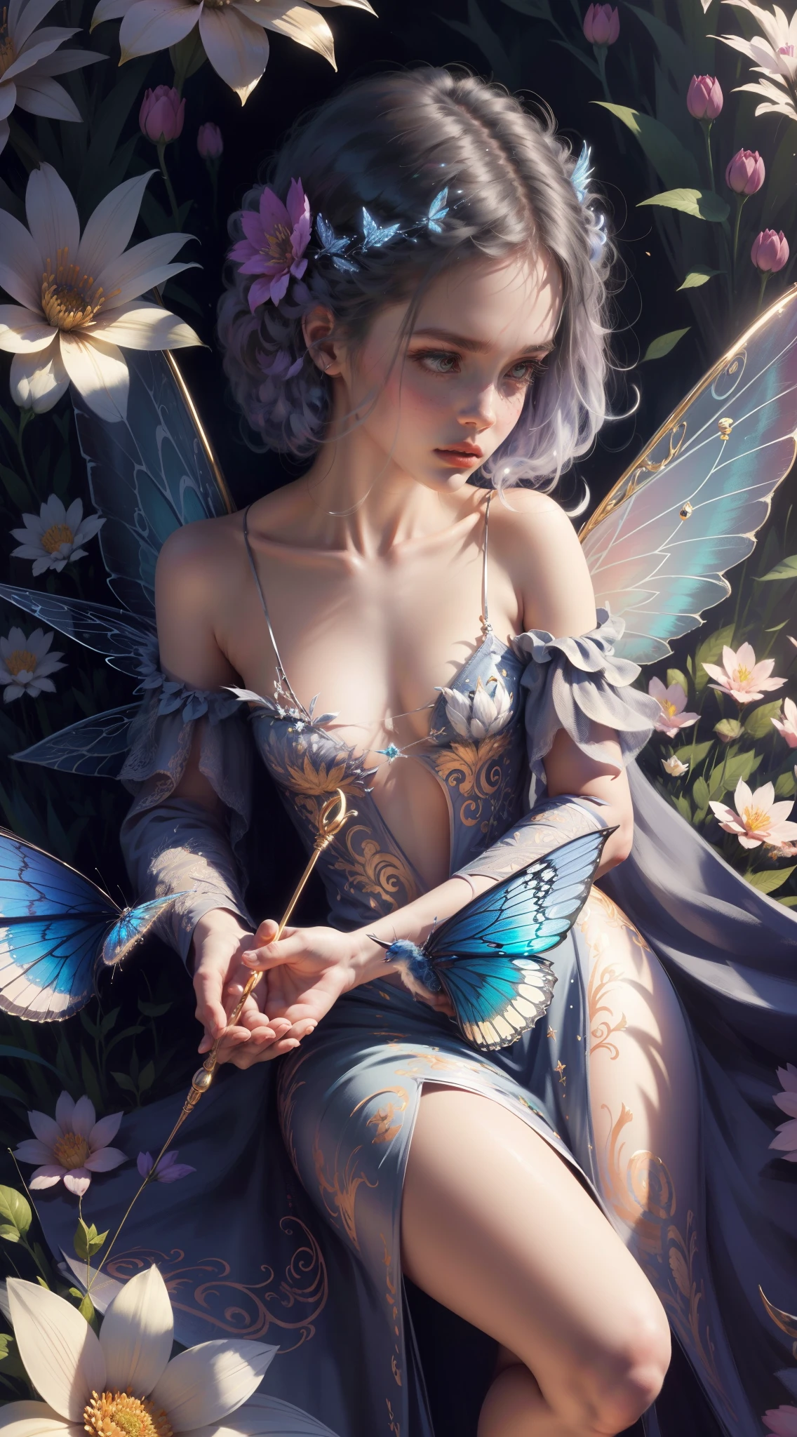 Color photo of flower fairy with transparent colored wings, Holding a magic wand， Beautiful, ((Ultra-detailed)), (Highly detailed illustration), (Expressionless), (Best quality:1.2), realistic8K UHD, High definition,(Masterpiece)