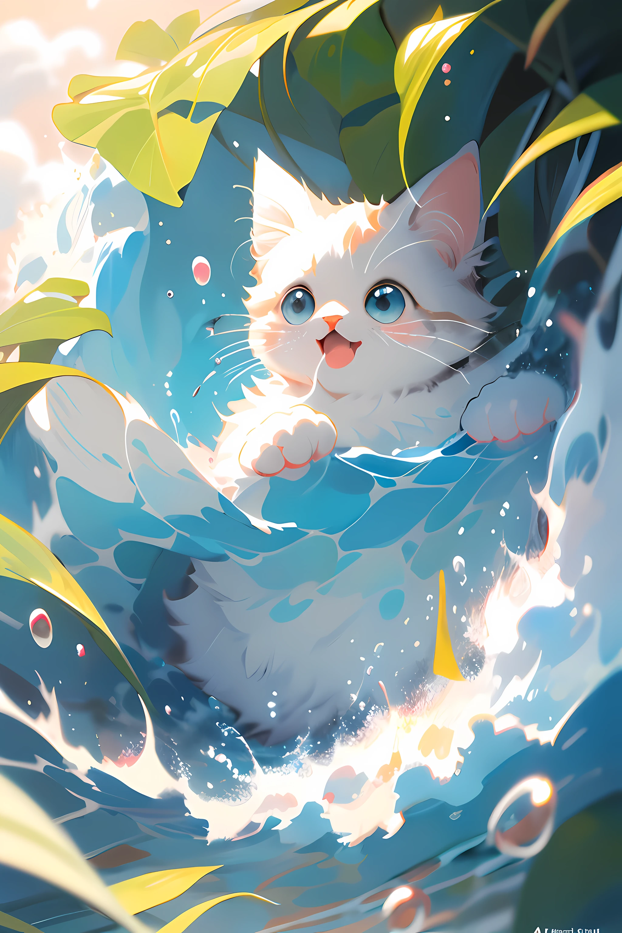 Anime cat running in water,Bubbling in the mouth, anime visual of a cute cat, anime cat, Cute detailed digital art, lovely digital painting, realistic anime cat, adorable digital art, cute detailed artwork, Kawaii cat, Cute anime, cute anime catgirl, cute artwork, trending on artstation pixiv, Anime art wallpaper 4 K