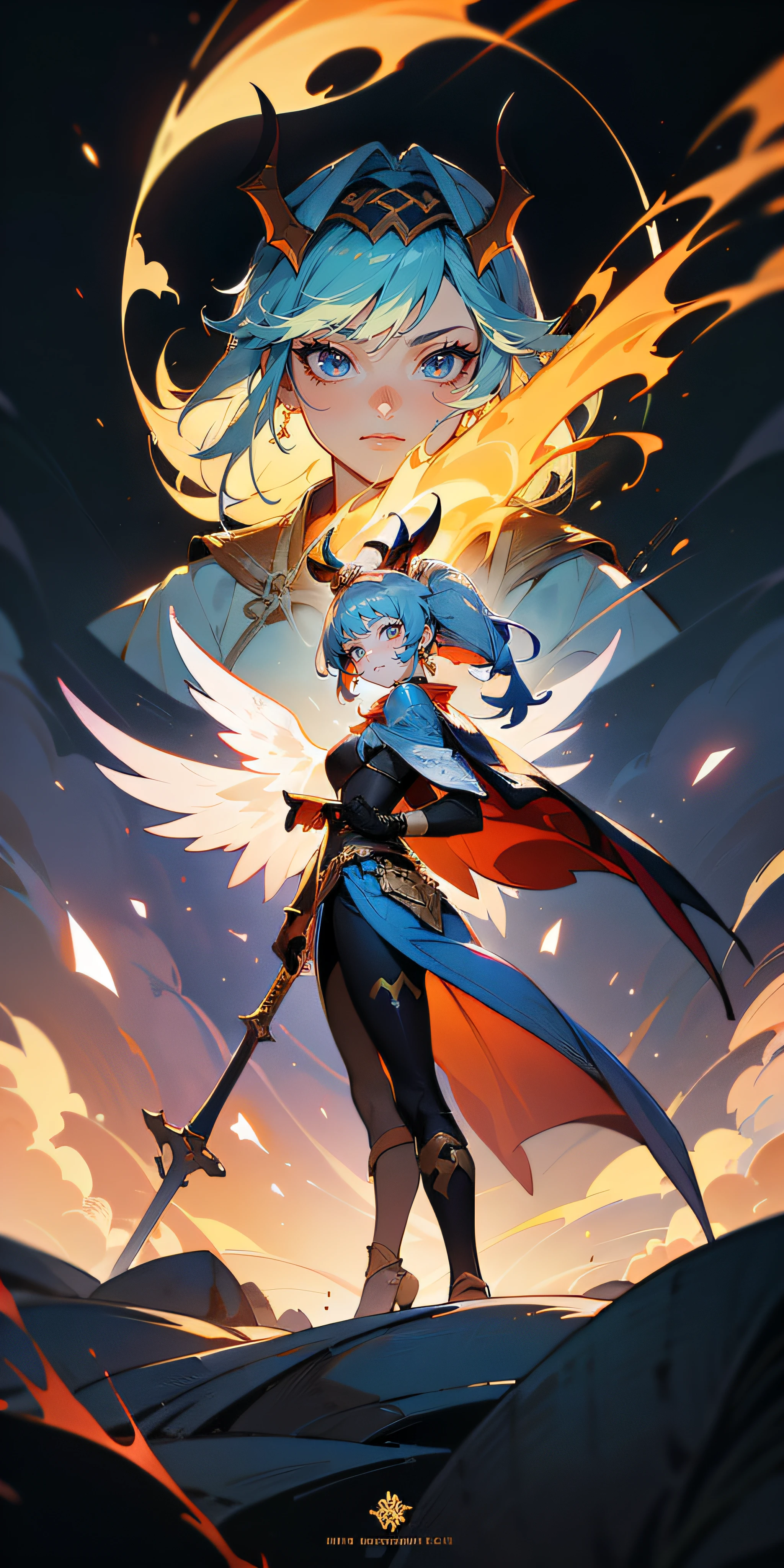 Anime figure，Dark villain，Beauty side face，Long hair flying，（gold
Colorful headdress），Two teenage girls back to back，（Simple head
helmet）Spark ashes burn，The samurai held a sword，Wear contrasting armor，The whole picture of the witch and the witch skeleton,(standing full-body），（（Faraway view））,（HD8K），ultra-wide-angle，The background is gorgeous，the original god，demon anime girl，Angel anime girl，fantasy paladin man，Dragon Knight，Spread your black feathered wings，Mobile Genshin Impact，Anime 8K，Anime fantasy insertion，Genshin Impact，Tough and cold character，Detailed key anime art，Ayaka Genshin impact，onmyoji portrait，Close-up of shooting random weapons，Comic book epic artwork，Epic fantasy digital art style，Epic fantasy art style，8K high quality detailed art，Epic fantasy art style HD，Faraway view，Behind him，This is a golden glowing magic array。，Purify the flame，HD anime visuals，full portrait of magical knight