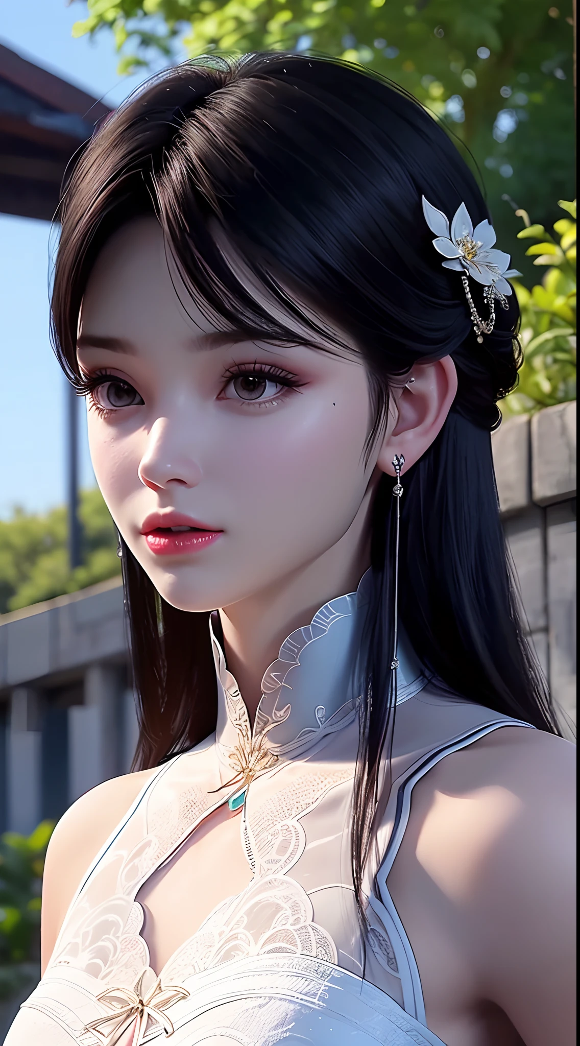 1 beautiful girl wearing ancient costumes, ((pink and light white outfit: 0.8)), Long and silky black hair, hair jewelry and necklaces, Beautiful little face Thin eyebrows, the most beautiful and spotless face, the very beautiful eyes, big round black eyes, fine and detailed makeup eyelashes, High nose, wearing earrings,Small red lips, rosy face, Enlarged and round breasts, tight breasts, breast augmentation,Slim and petite body, Portrait of a beautiful girl, 8k photo, super high quality, super realistic, 10x super pixels, photo realistic, dark studio, border light, two tone light, (detailed skin) high: 1.2), 8k uhd, dslr, soft light, high quality, volumetric light, candid, Photo, high resolution, 4k quality, 8k, Bokeh, Smooth and sharp, pixel up 10 times, (background space: 1.8), (galaxy: 1.7), aurora, lightning, (Aurora Background: 1.8),