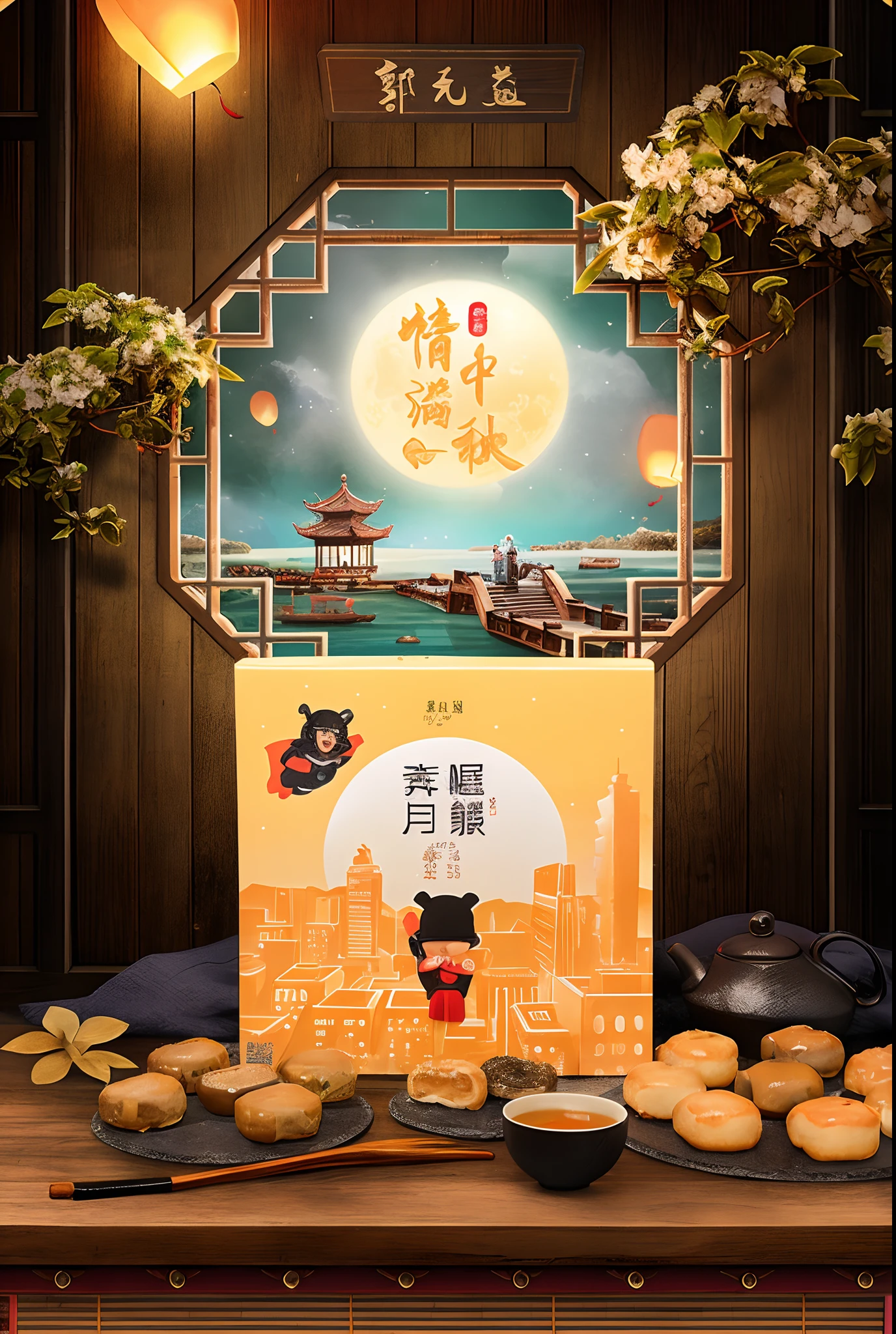 There was a box of donuts on the table,There is a picture of a woman on it, Wang Chen, Chiba Yuda, 中 国 鬼 节, inspired by Luo Mu, inspired by Park Hua, inspired by Wu Bin, inspired by Luo Ping, inspired by Wu Hong
