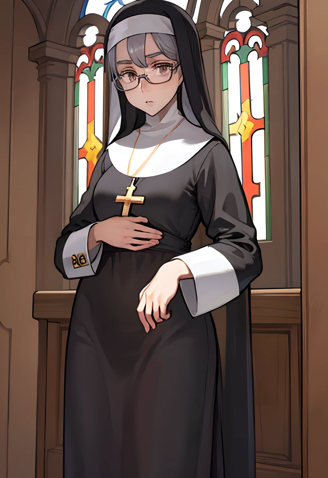 Immensely beautiful, Catholic Nun with glasses, with a proper Catholic cross, church background, praying, looking at viewer