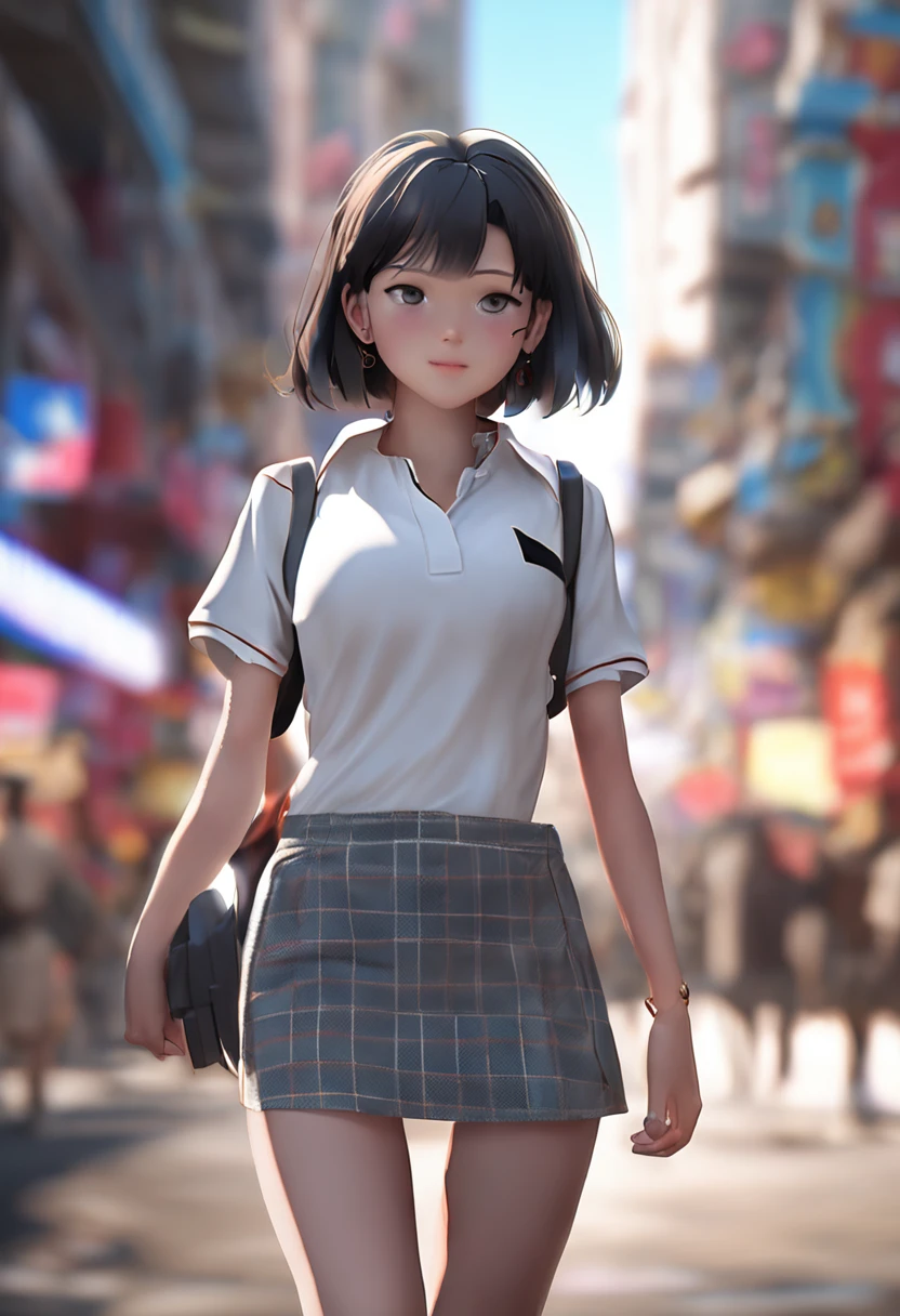 1girl, 独奏, White polo shirt, White sneakers, JK, White miniskirt, tmasterpiece, Best quality at best, realisticlying, ultra - detailed, (shiny skins), absurderes, looking at viewert, with short black hair, with brown eye,slenderness,Dynamic light and shadow,A high resolution,Sharp focus,depth of fields,The eyes are delicate,Sharp pupils,pupil realistic,(Very large breasts:1.6),(Thigh thick:1.0),exteriors,Skysky,Chest leakage,crisp breasts,A loving smile,looking at viewert,full blush,'s plump lips